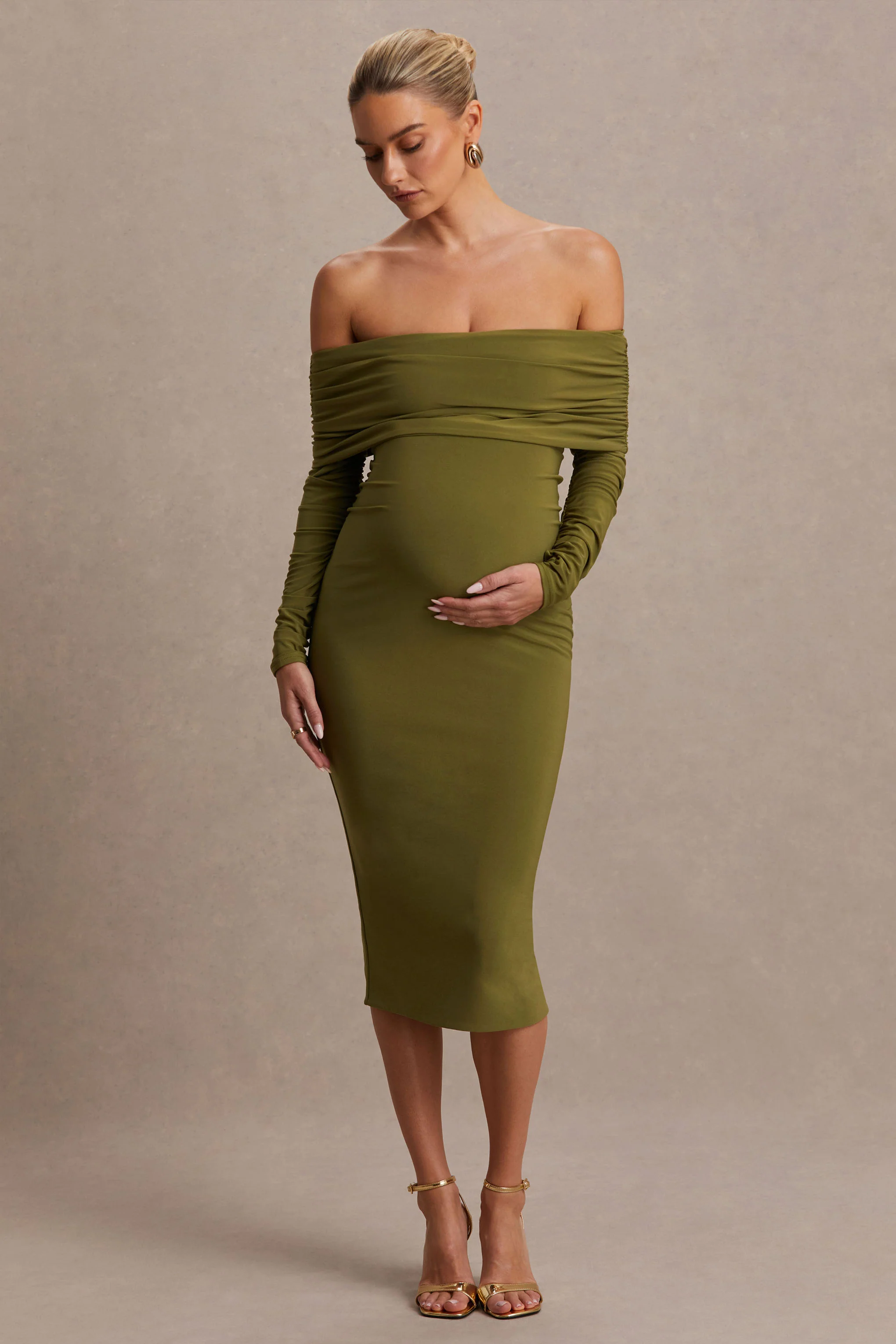 Elspeth | Olive Bardot-Neck Maternity Midi Dress - Image 5