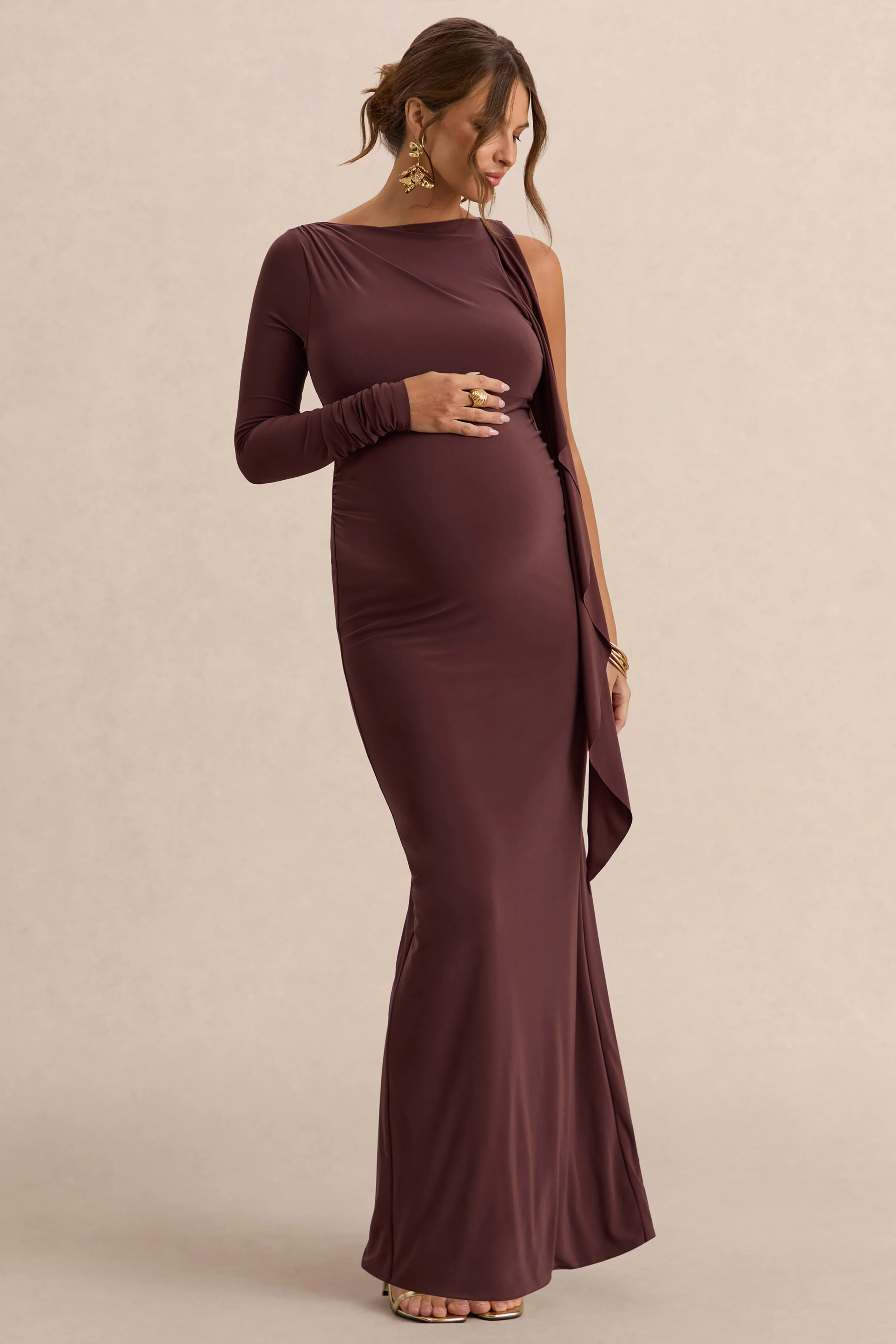 Emanuela | Dark Brown Boat-Neck Maternity Maxi Dress With Sash Detail