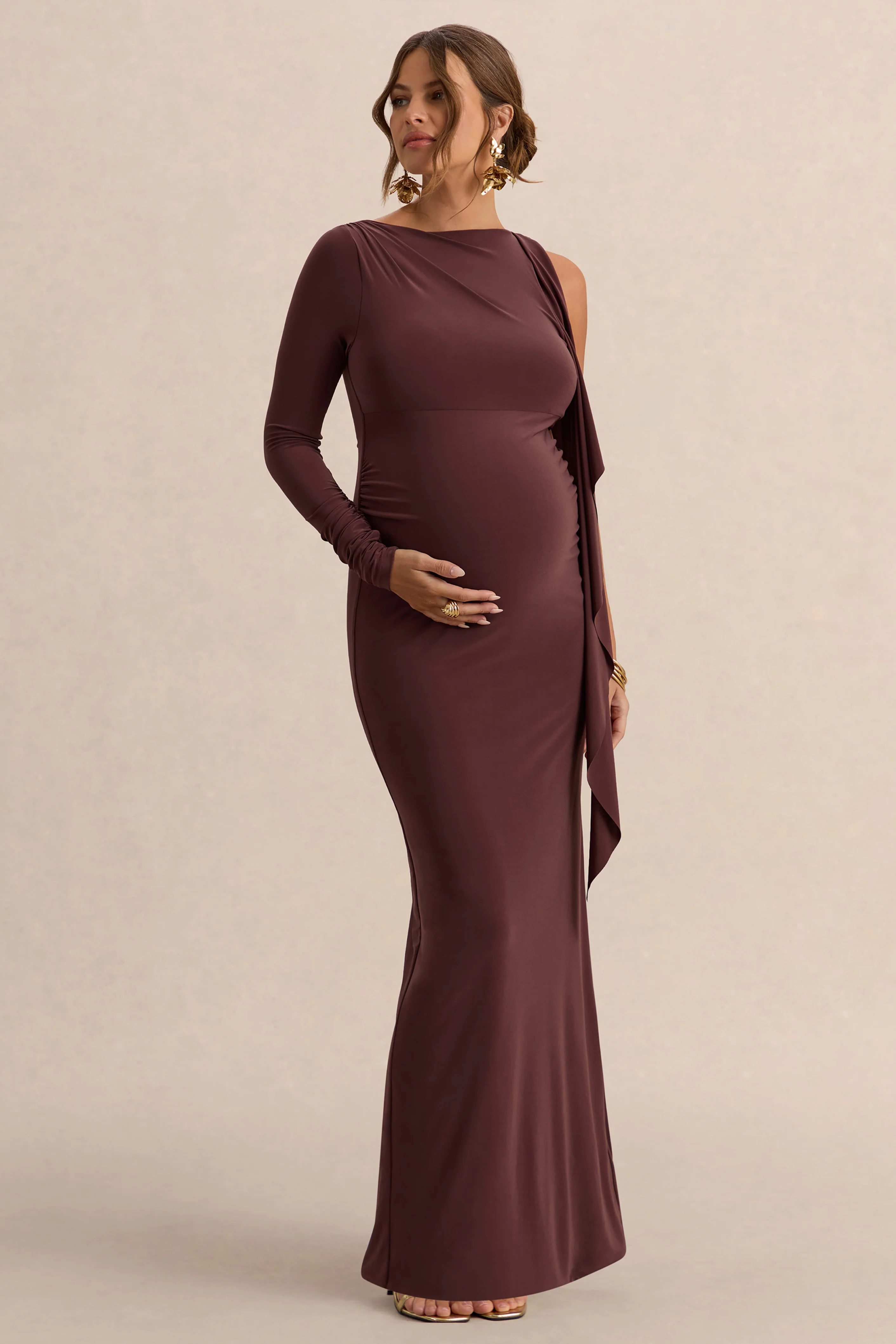 Emanuela | Dark Brown Boat-Neck Maternity Maxi Dress With Sash Detail - Image 4