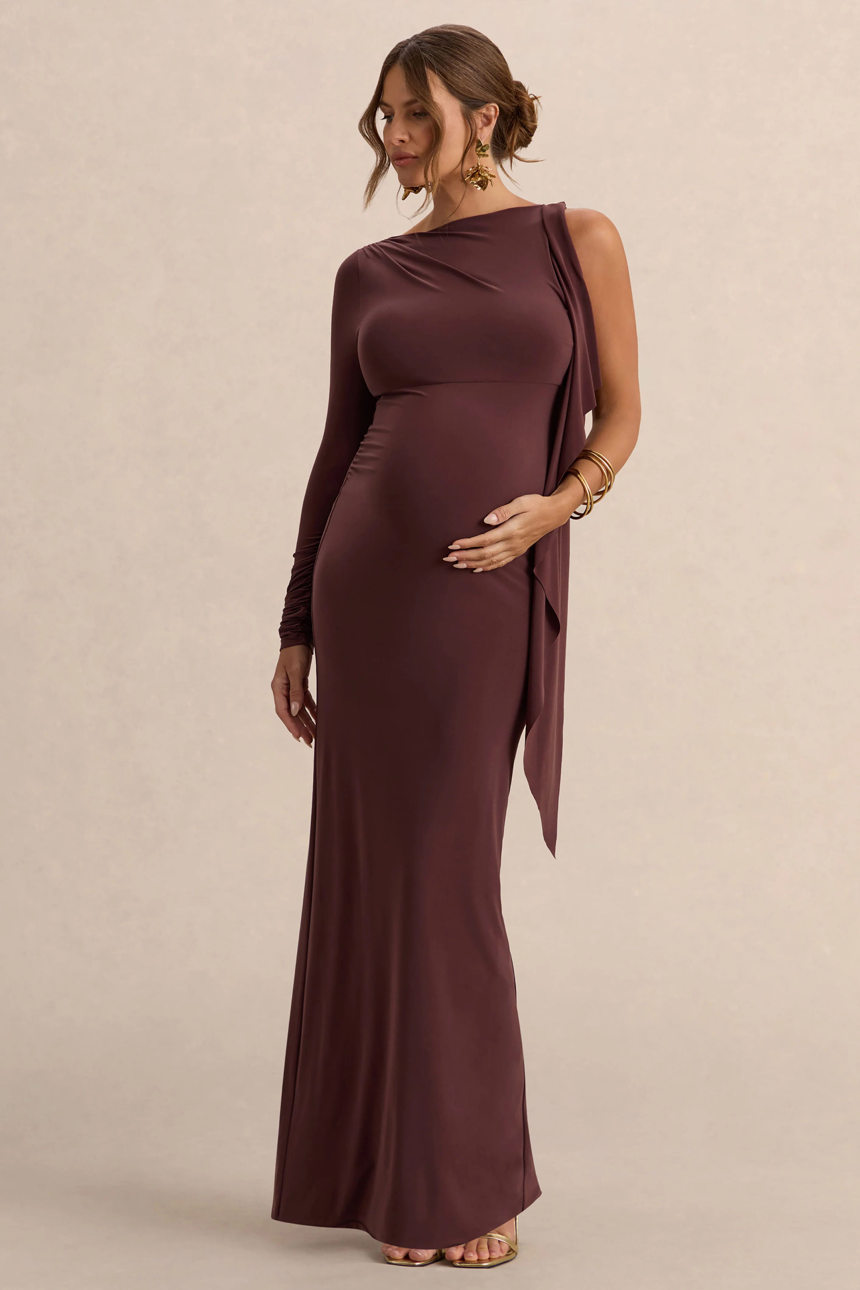 Emanuela | Dark Brown Boat-Neck Maternity Maxi Dress With Sash Detail - Image 5