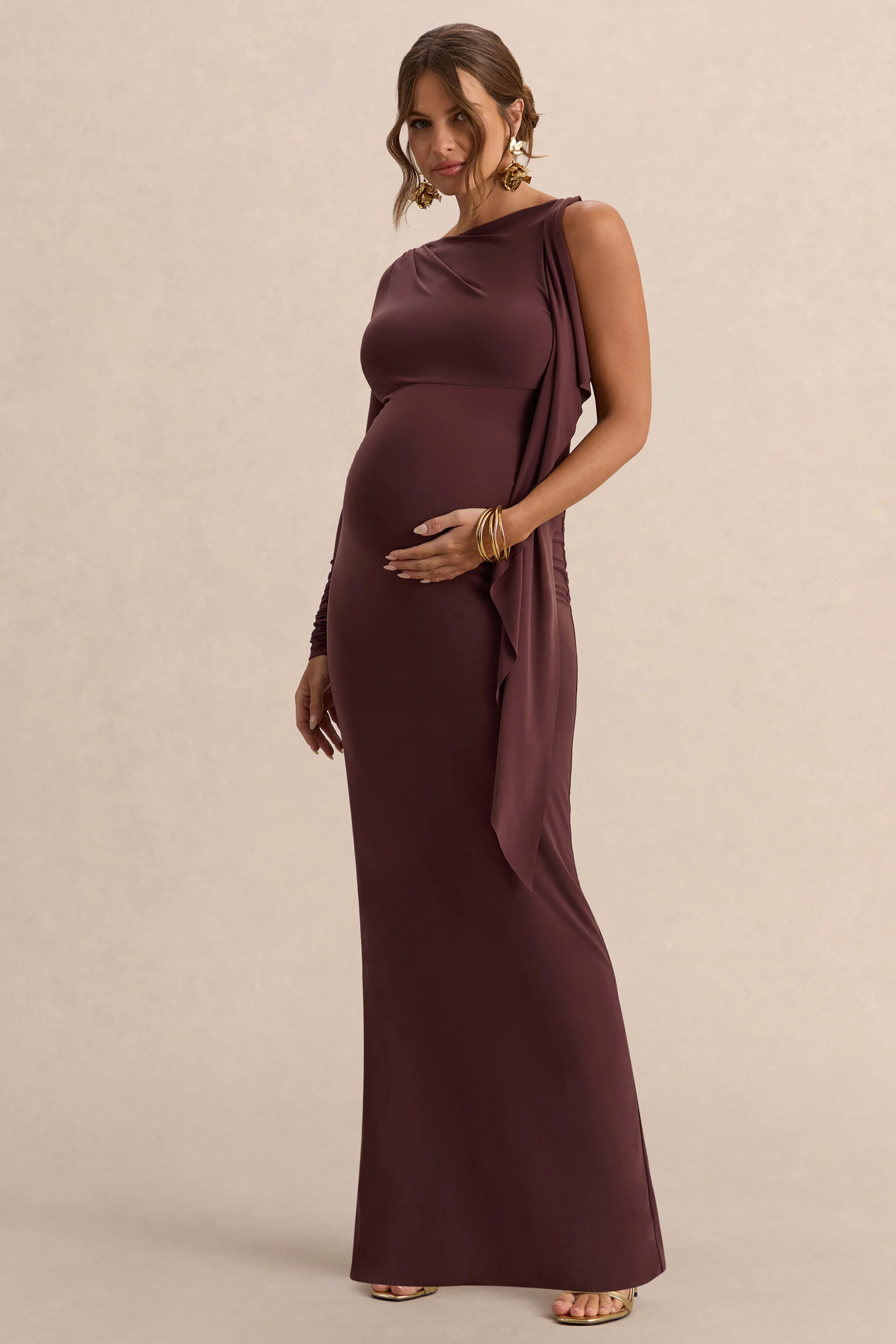 Emanuela | Dark Brown Boat-Neck Maternity Maxi Dress With Sash Detail - Image 7