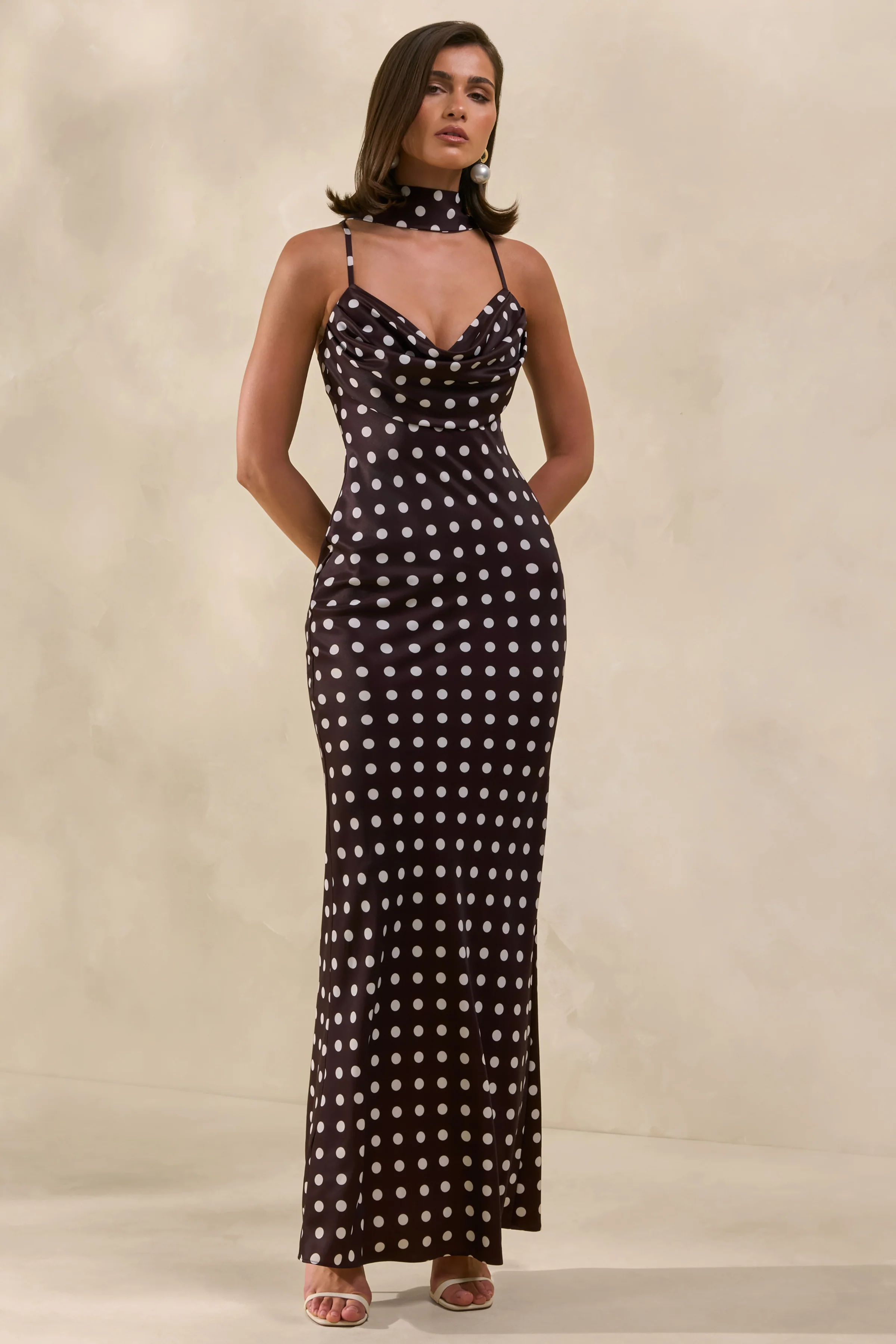 Emaria | Brown Polka-Dot Satin Cowl-Maxi Dress With Scarf - Image 4