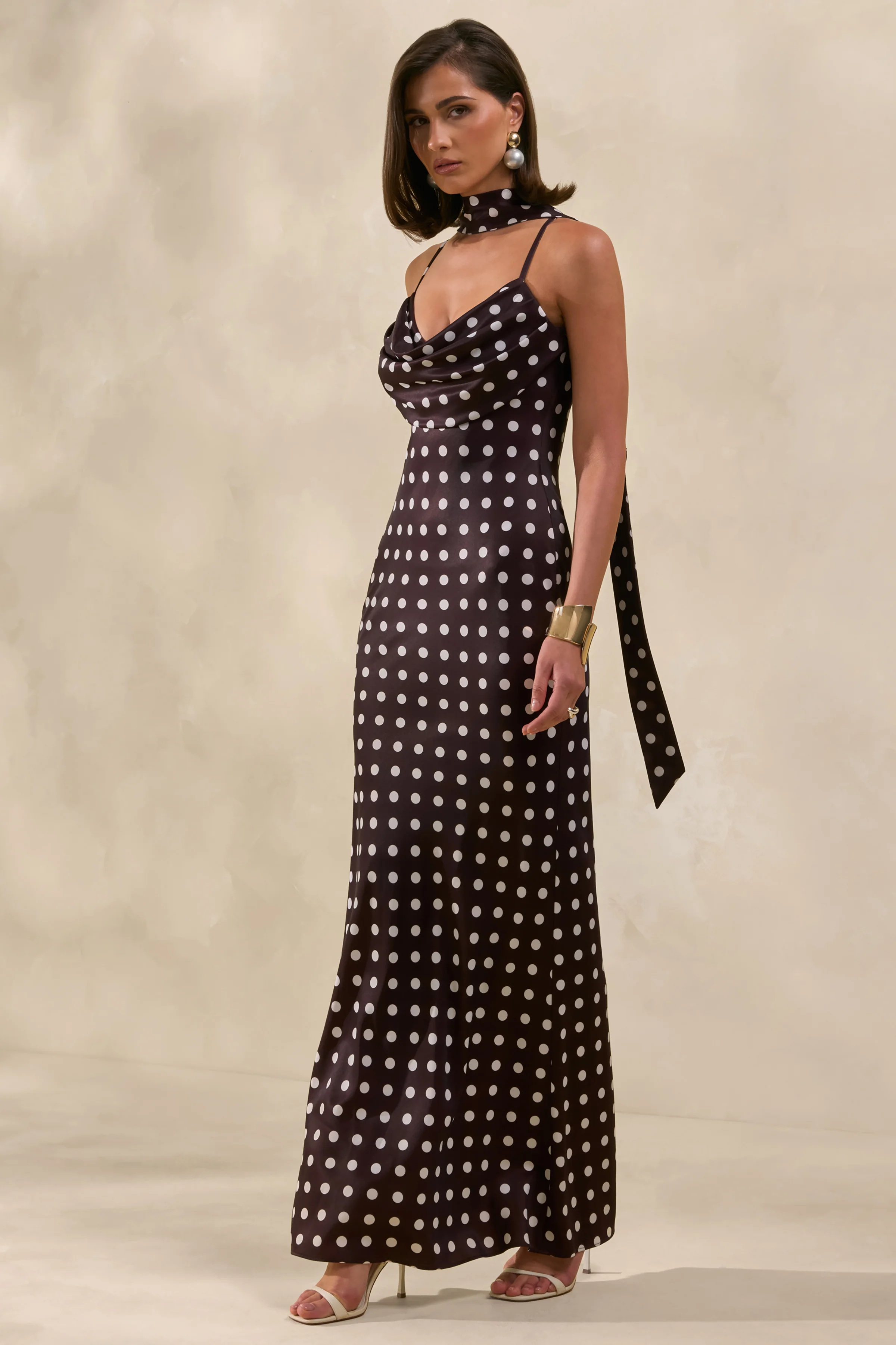 Emaria | Brown Polka-Dot Satin Cowl-Maxi Dress With Scarf - Image 5