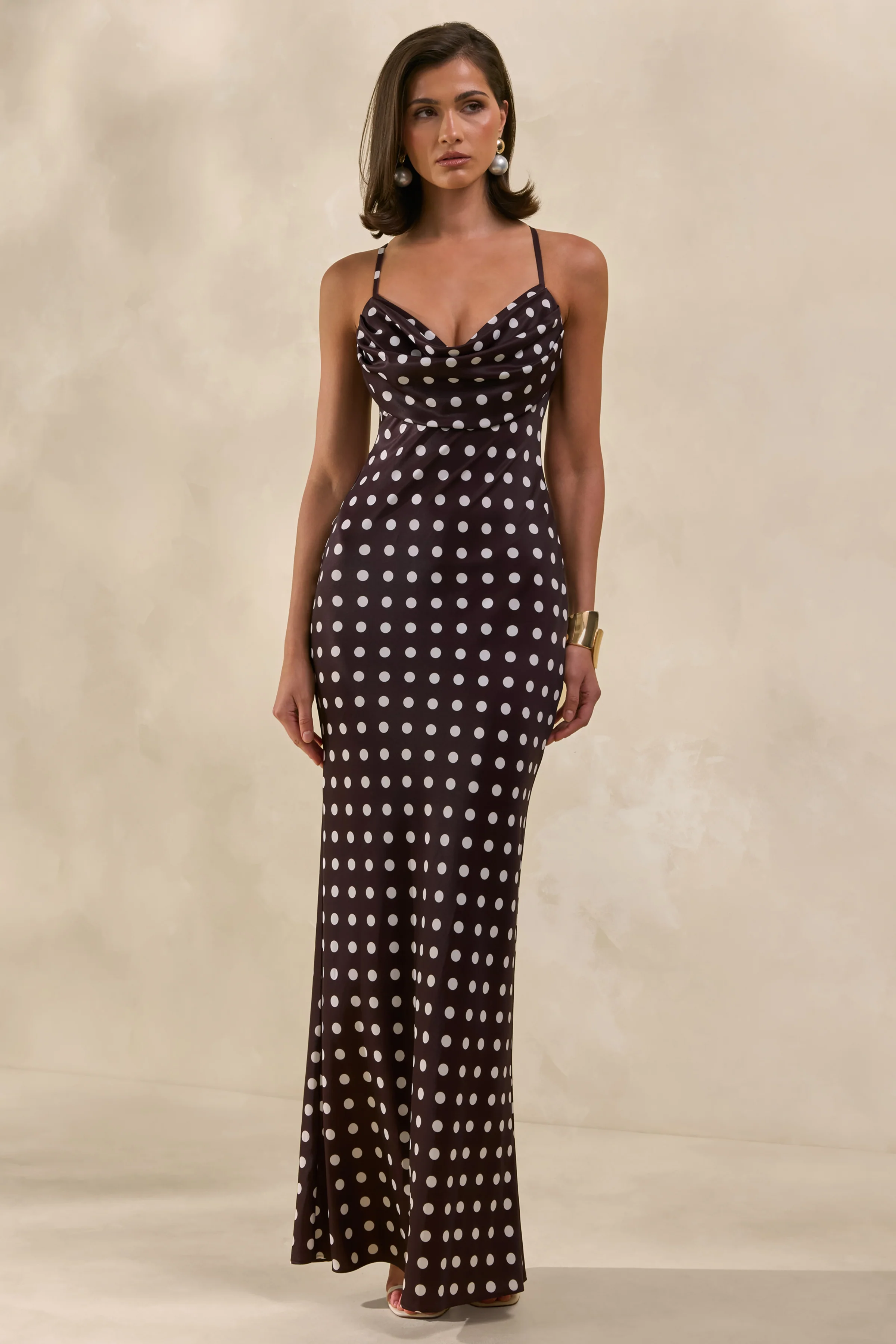 Emaria | Brown Polka-Dot Satin Cowl-Maxi Dress With Scarf - Image 6