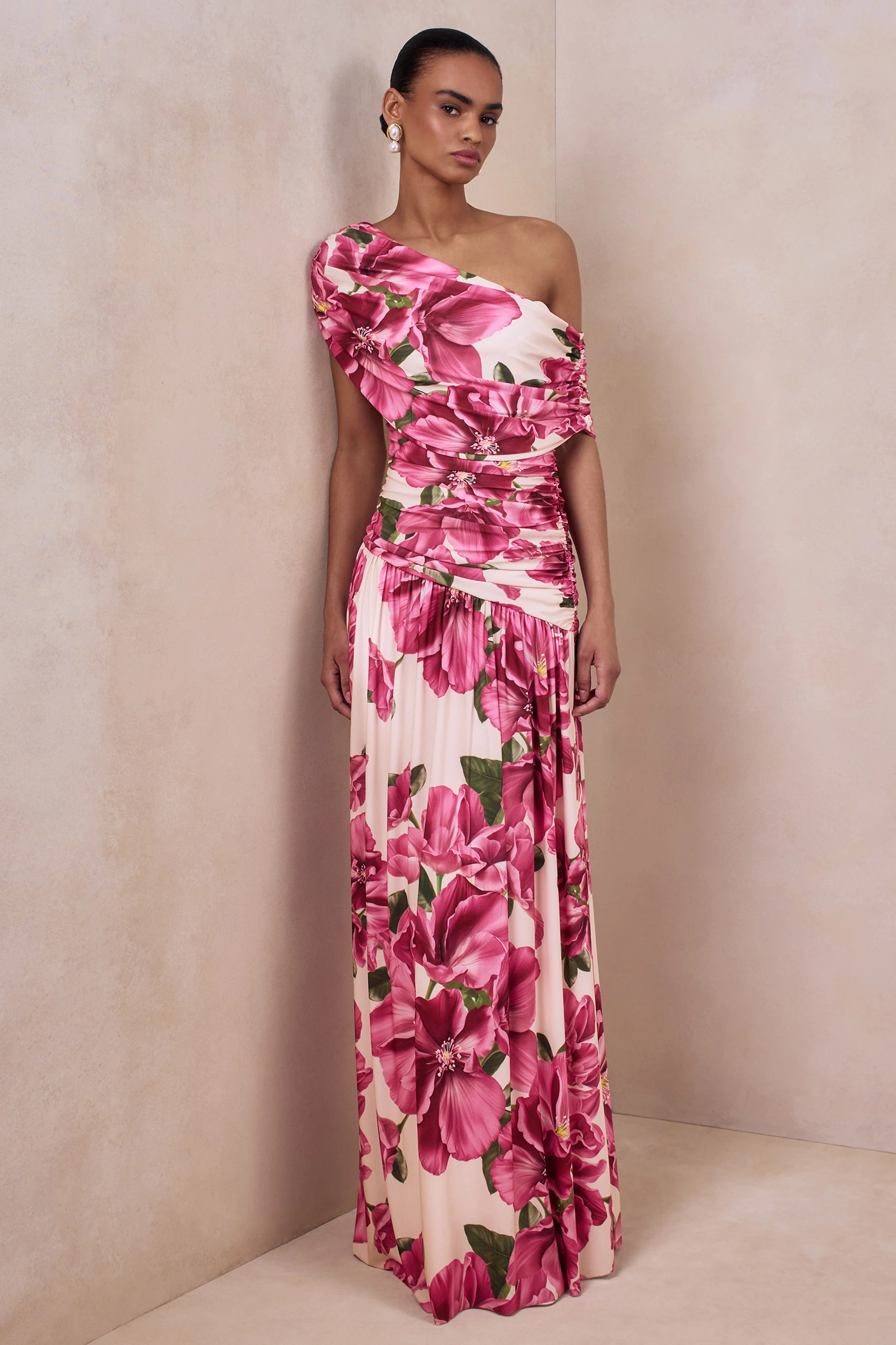 Emberly | Pink Hibiscus Floral Print Asymmetric Neck Maxi Dress With Drop Waist - Image 5