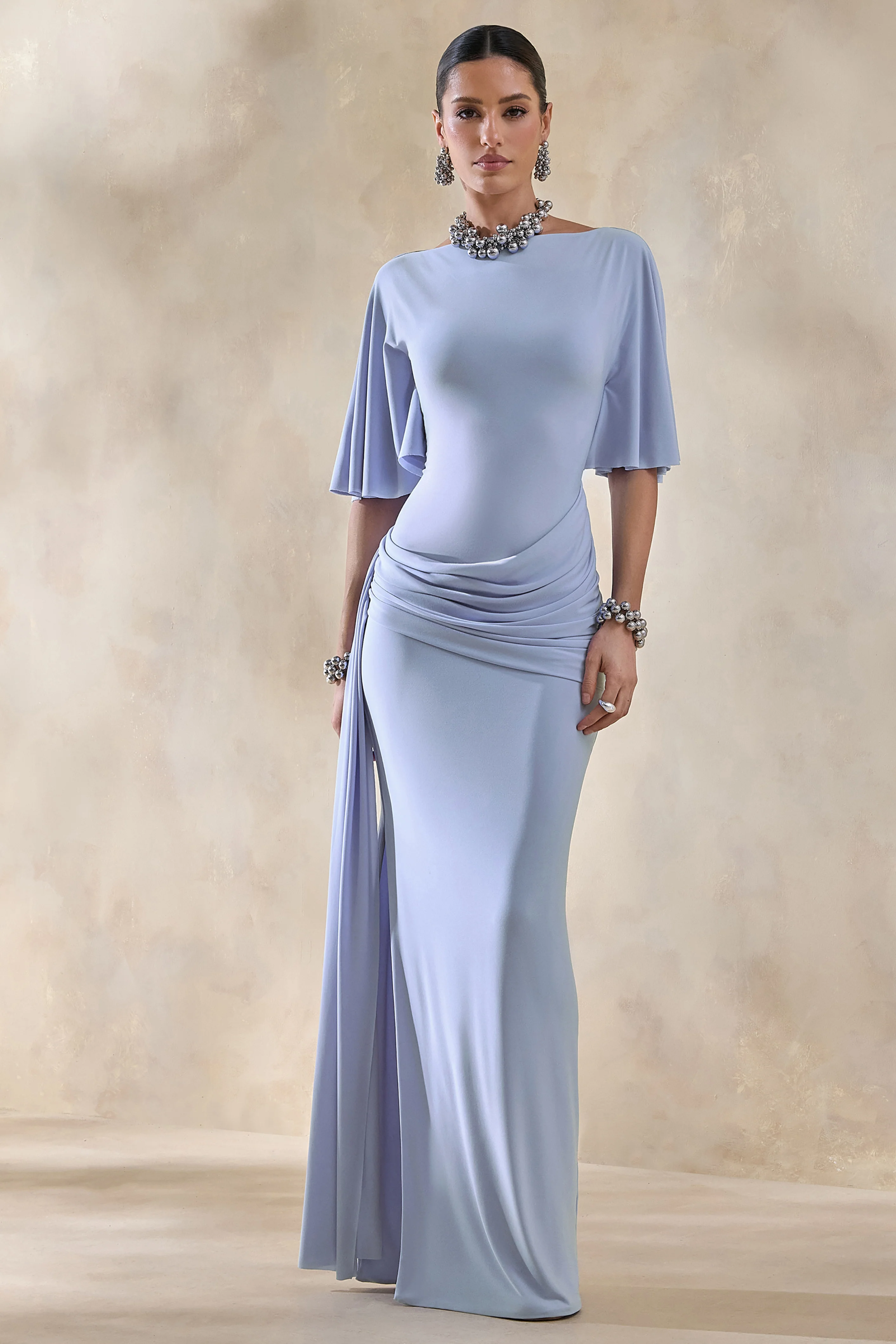 Emerelle | Powder Blue Wide-Neck Maxi Dress With Sash And Draped-Detailing - Image 4