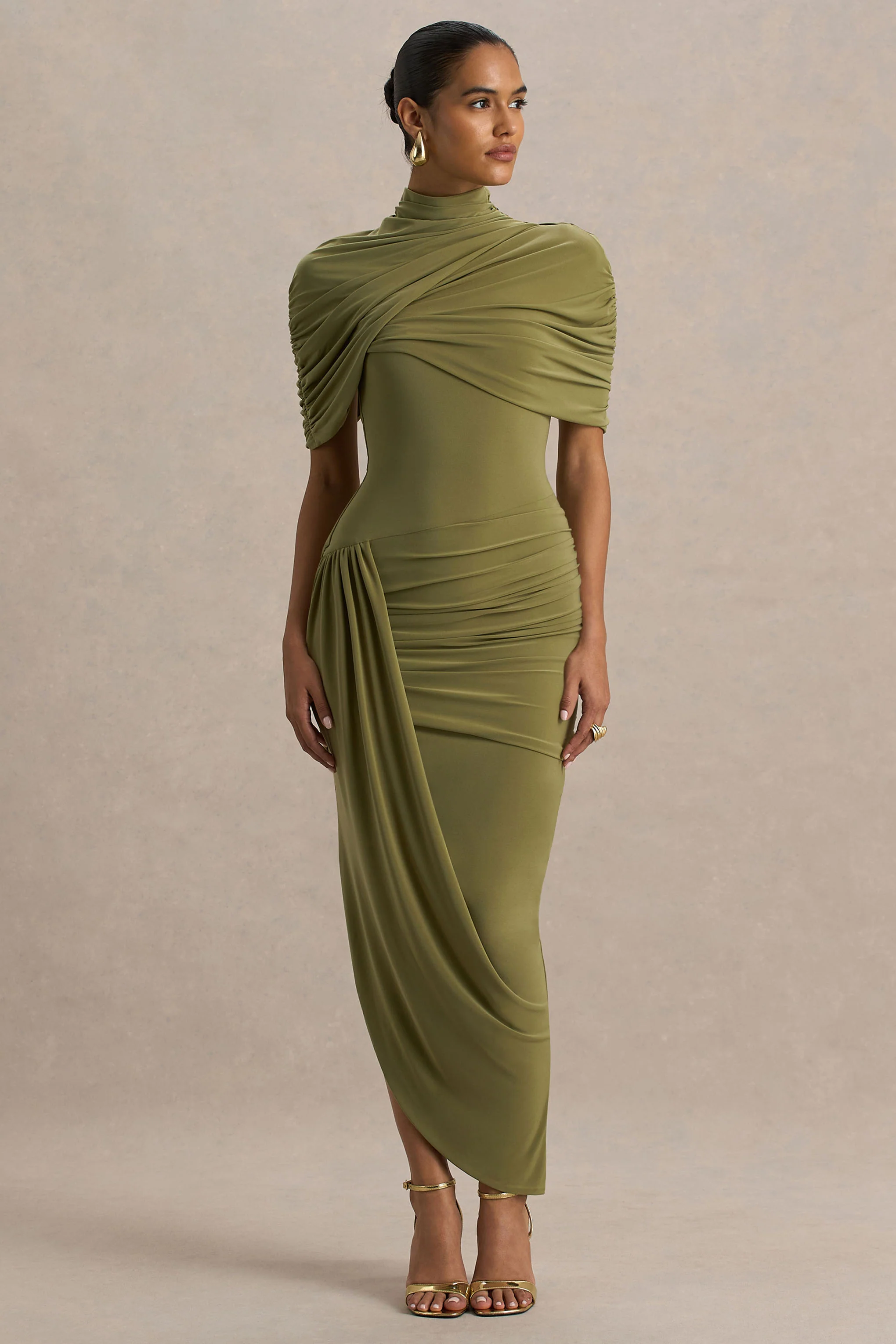 Enchant | Olive Asymmetric Twisted Cape Midi Dress - Image 4