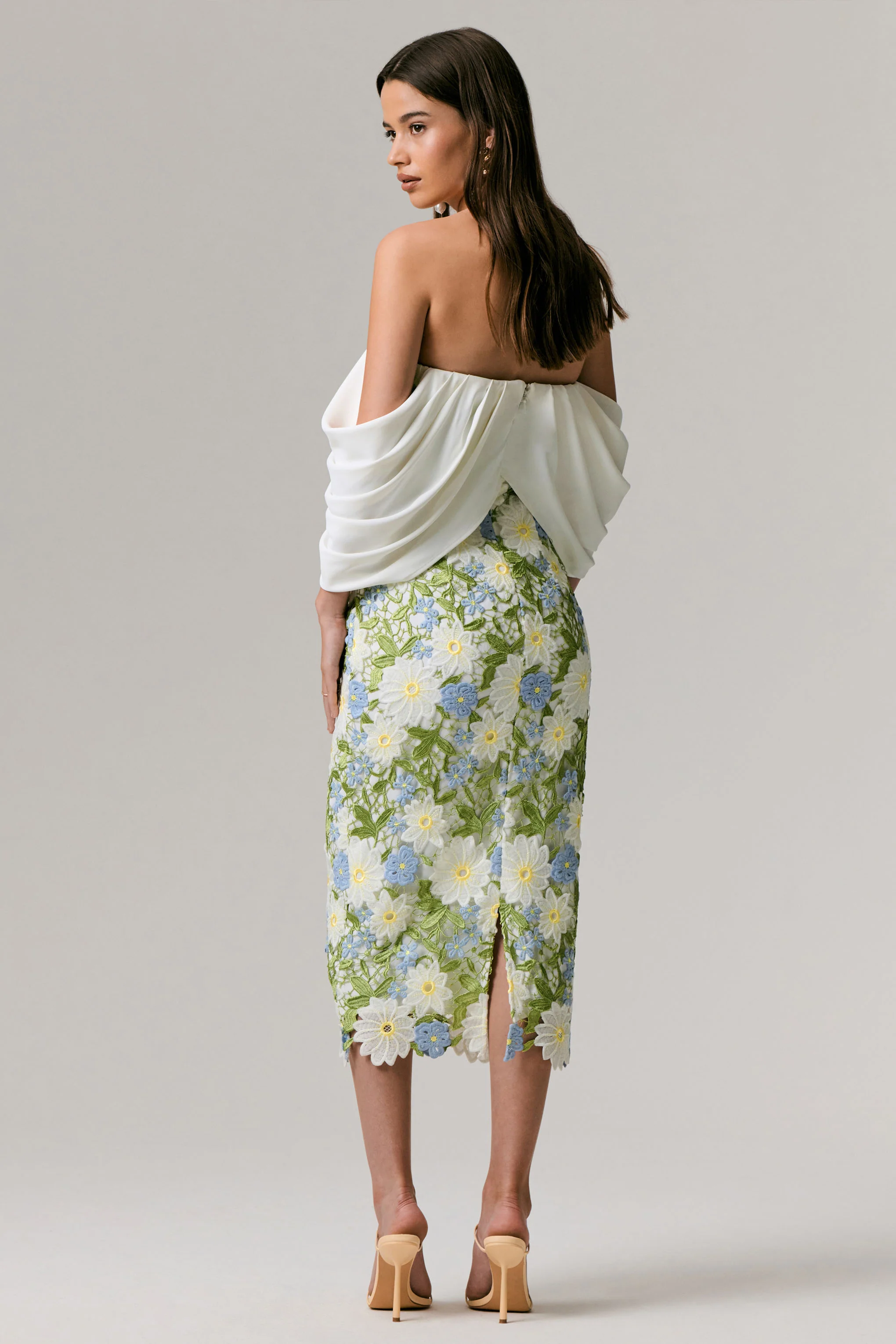 Entitled | Cream Floral Lace Bardot Midi Dress - Image 2