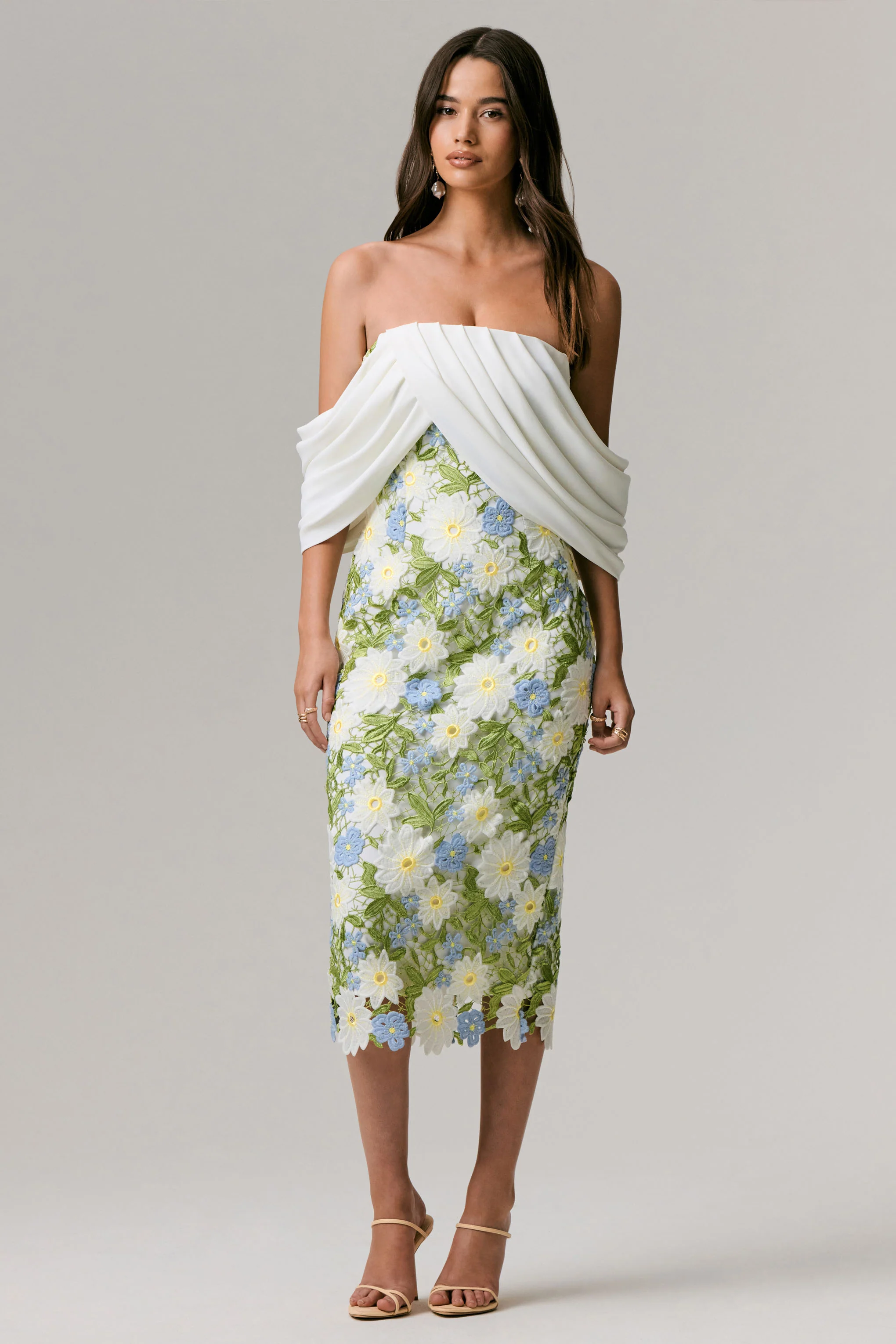 Entitled | Cream Floral Lace Bardot Midi Dress - Image 4
