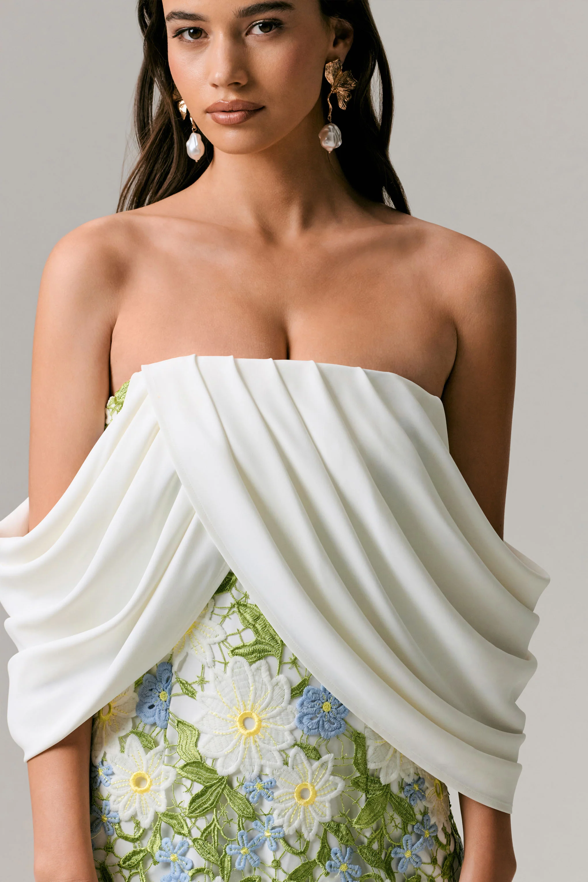 Entitled | Cream Floral Lace Bardot Midi Dress - Image 5