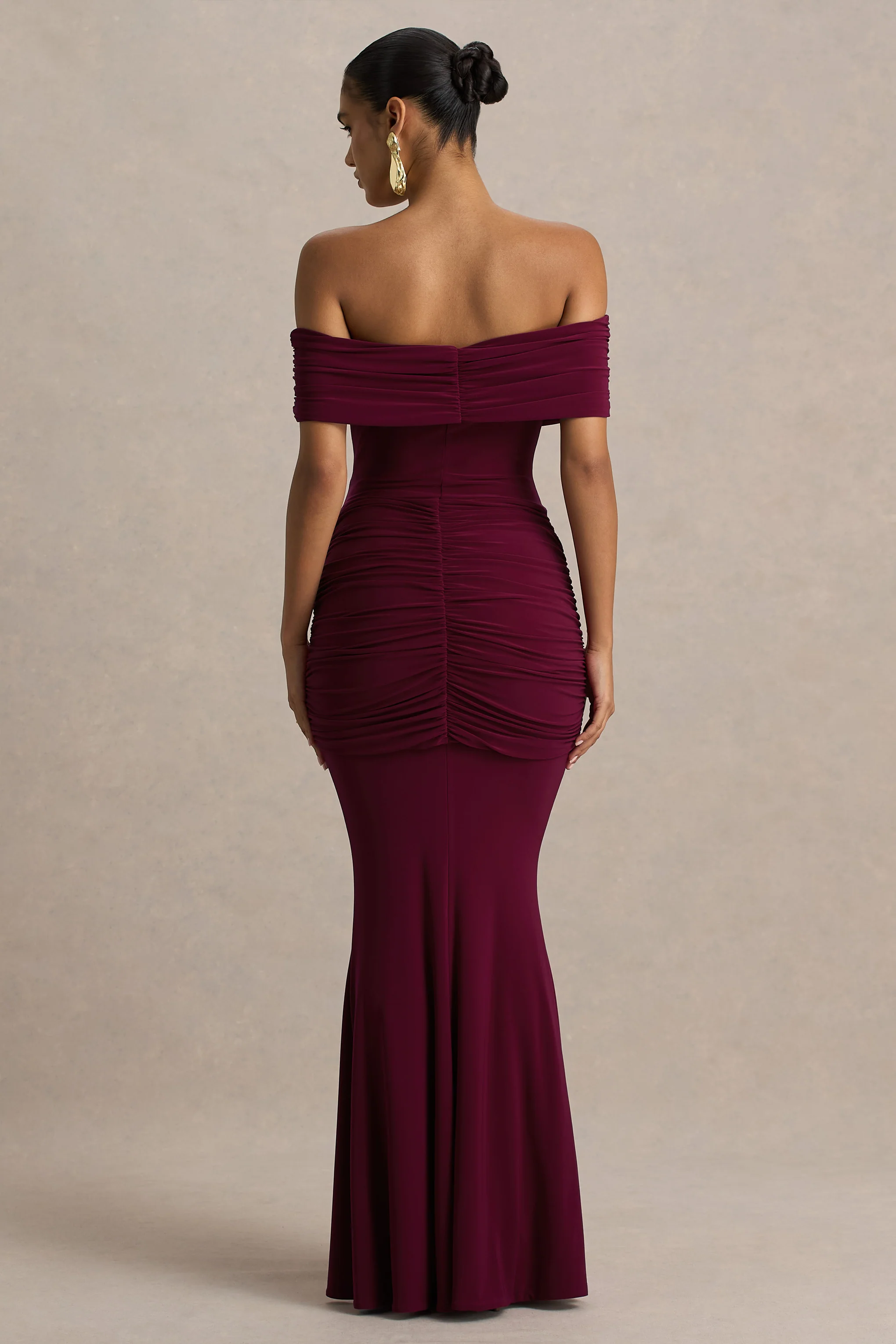 Envisioned | Burgundy Bardot-Neck Maxi Dress With Gathered And Drape Detail - Image 2