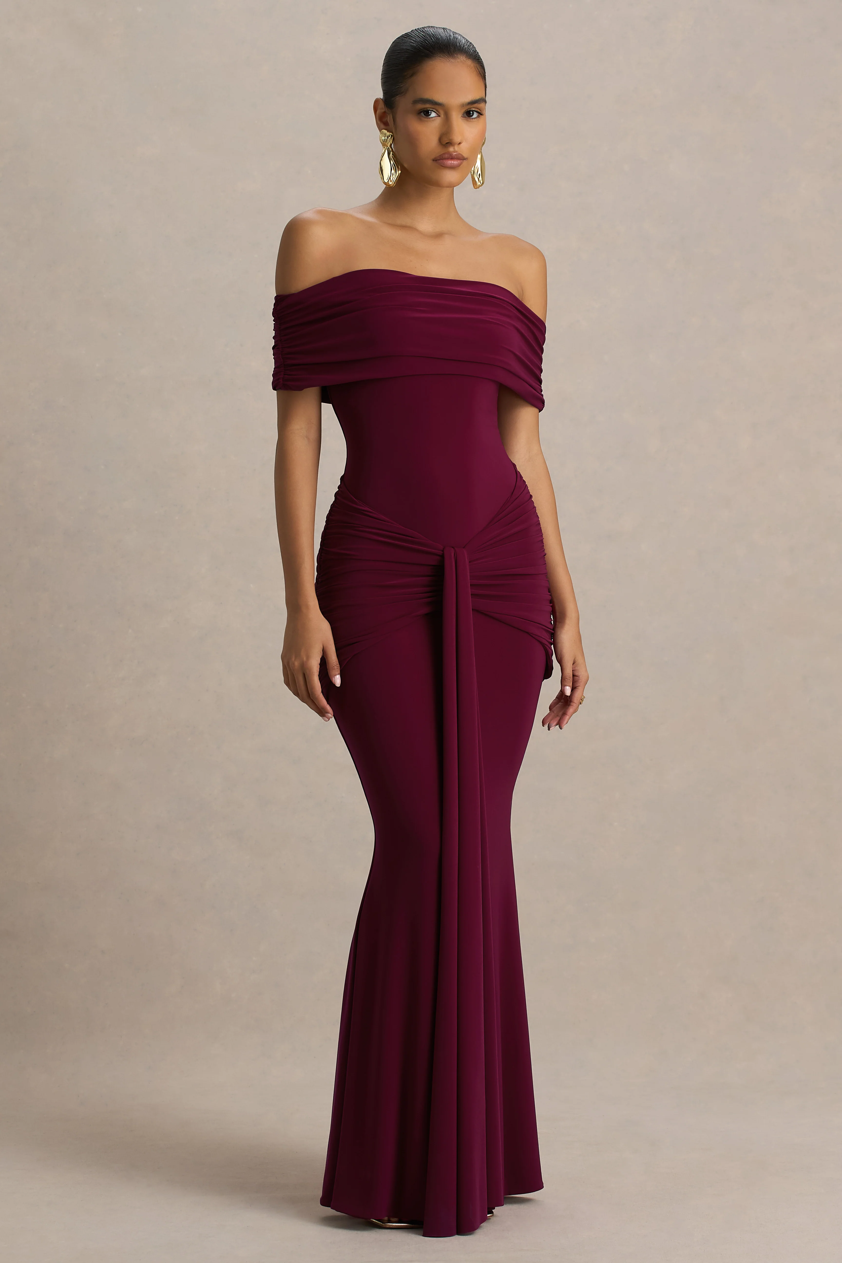 Envisioned | Burgundy Bardot-Neck Maxi Dress With Gathered And Drape Detail - Image 5