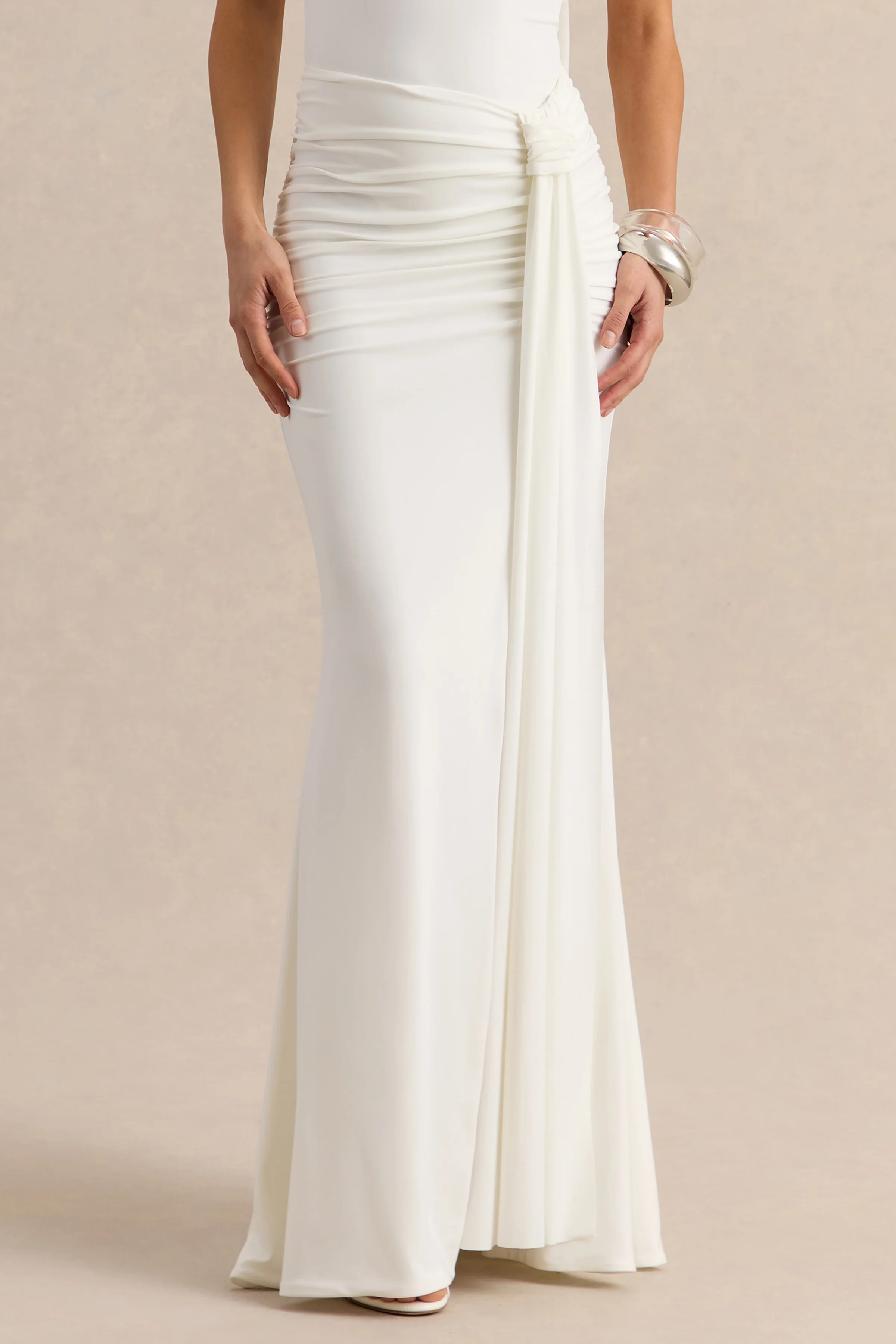 Eowyn | White Ruched Maxi Skirt With Front Split - Image 3