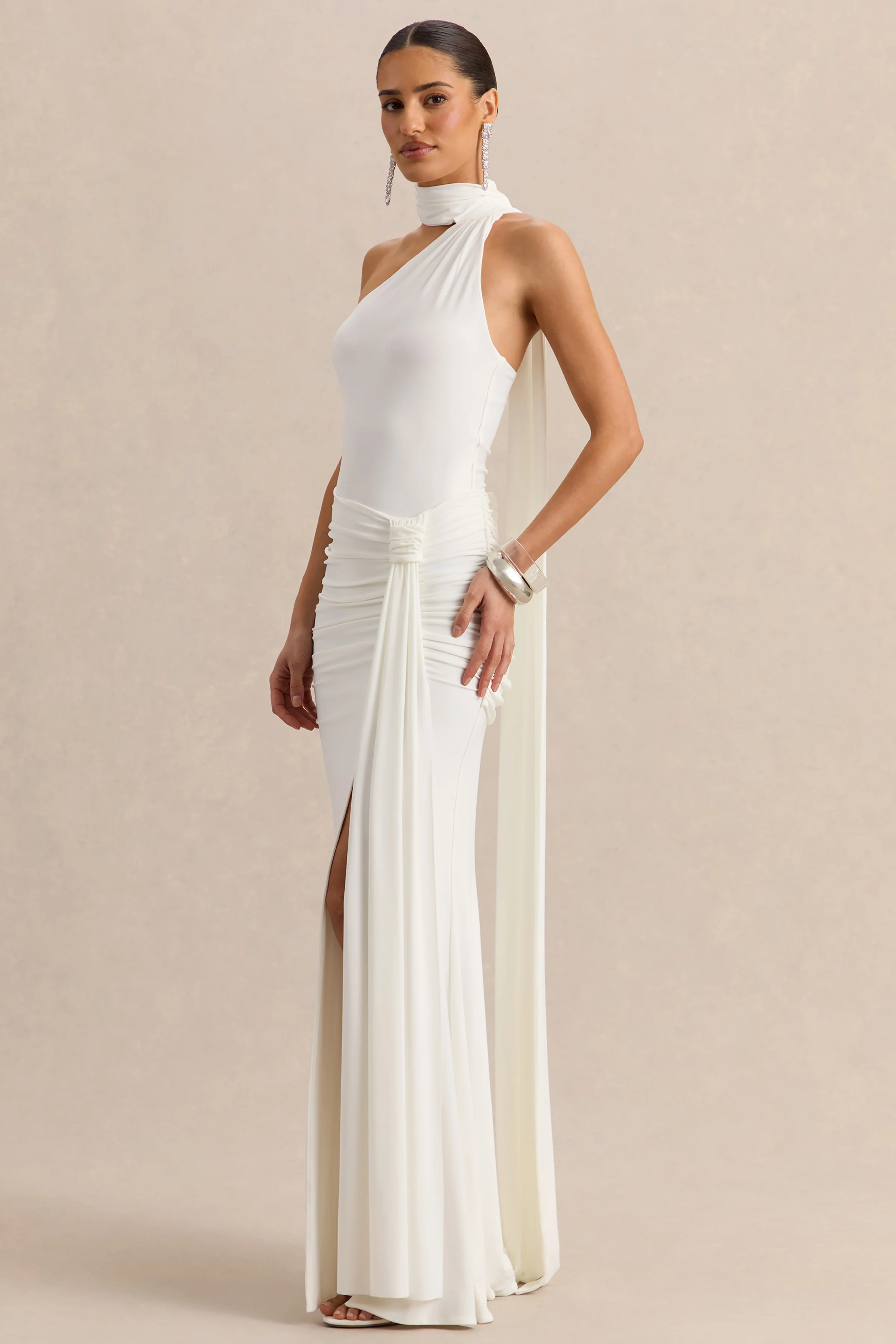 Eowyn | White Ruched Maxi Skirt With Front Split - Image 5