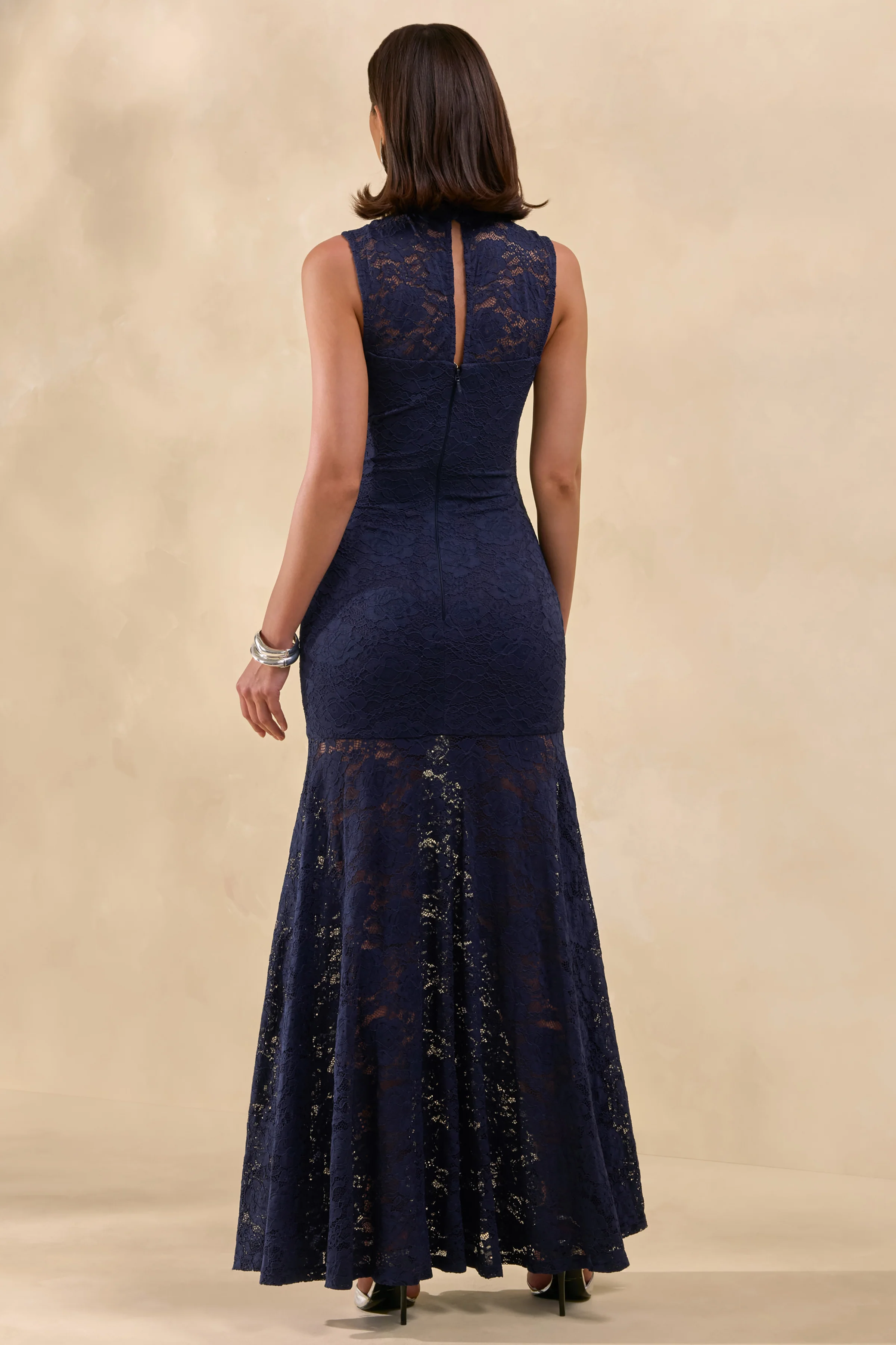 Esalyn | Navy Lace High-Neck Maxi Dress With Sheer-Skirt - Image 2