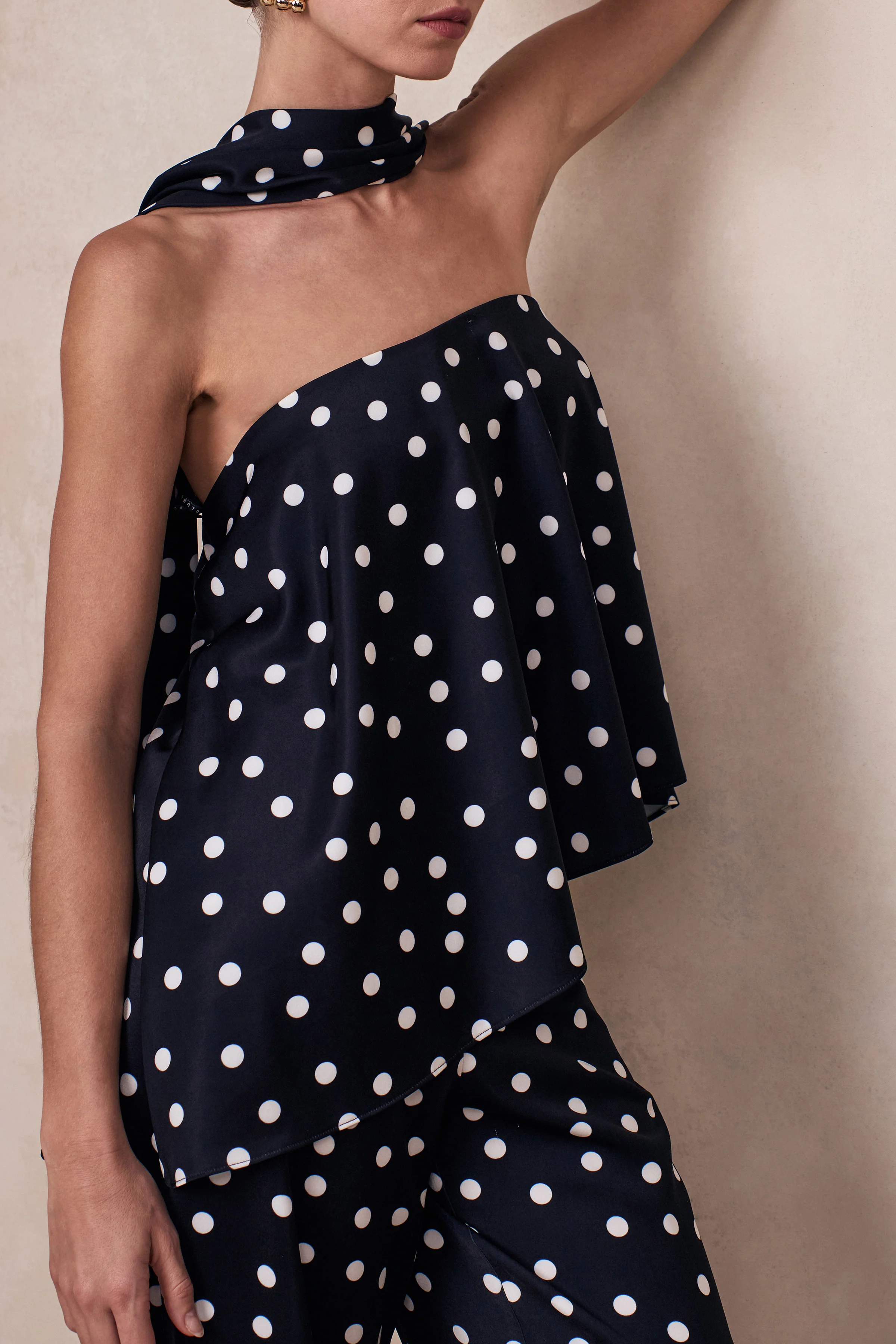Evandra | Black & White Satin Polka Dot Bandeau Top With Scarf - Image 7