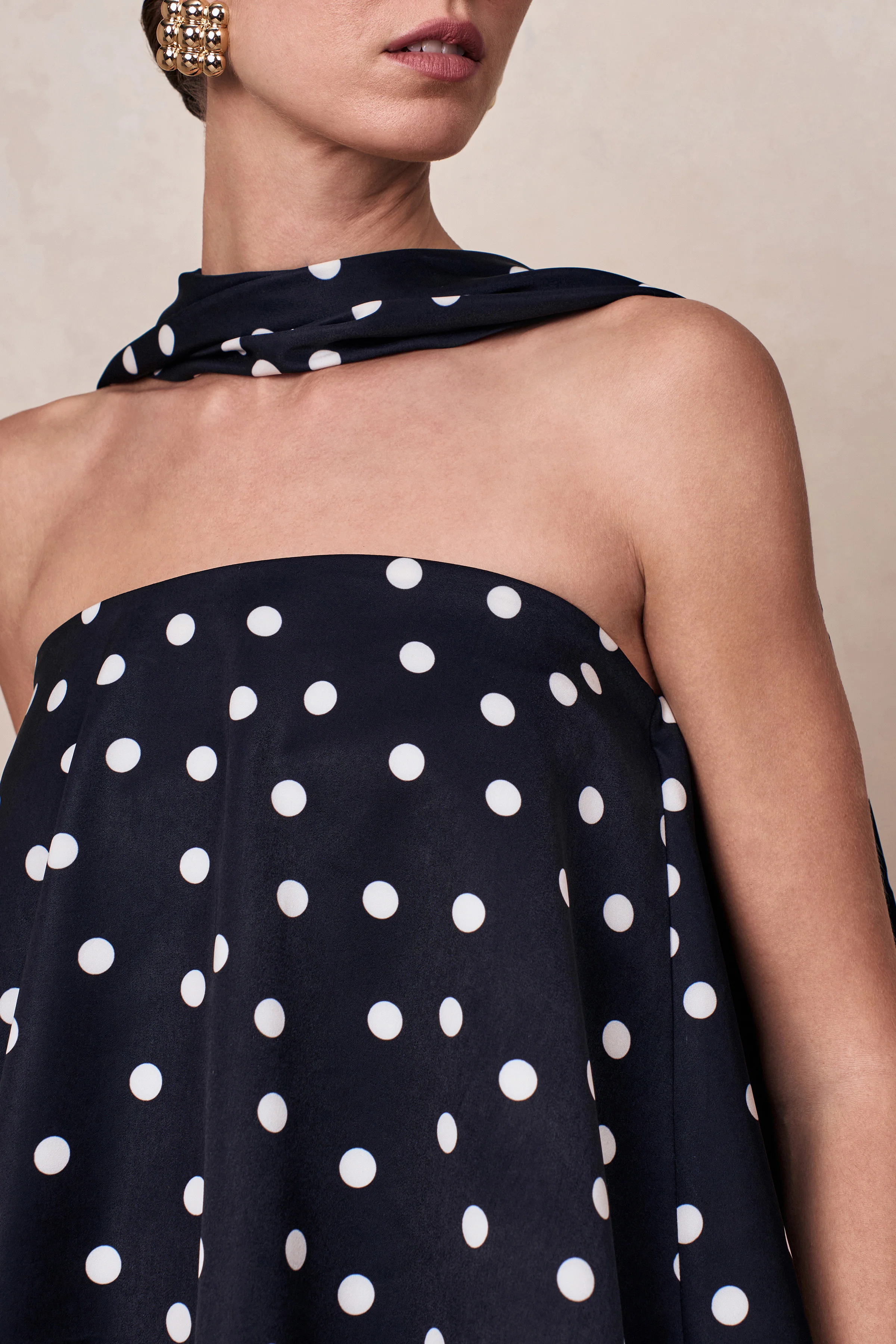 Evandra | Black & White Satin Polka Dot Bandeau Top With Scarf - Image 8