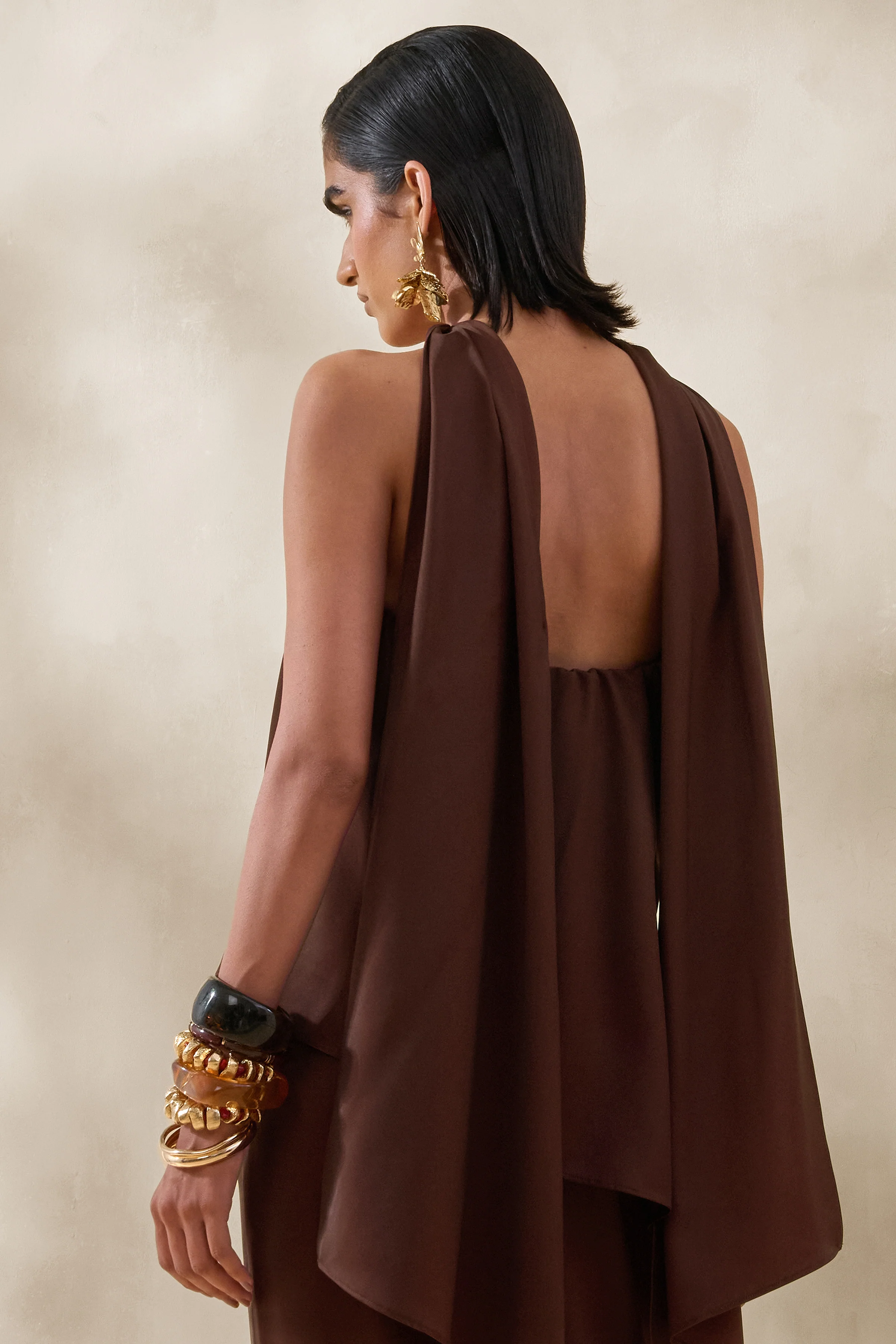 Evandra | Brown Satin Bandeau Top With Scarf - Image 2