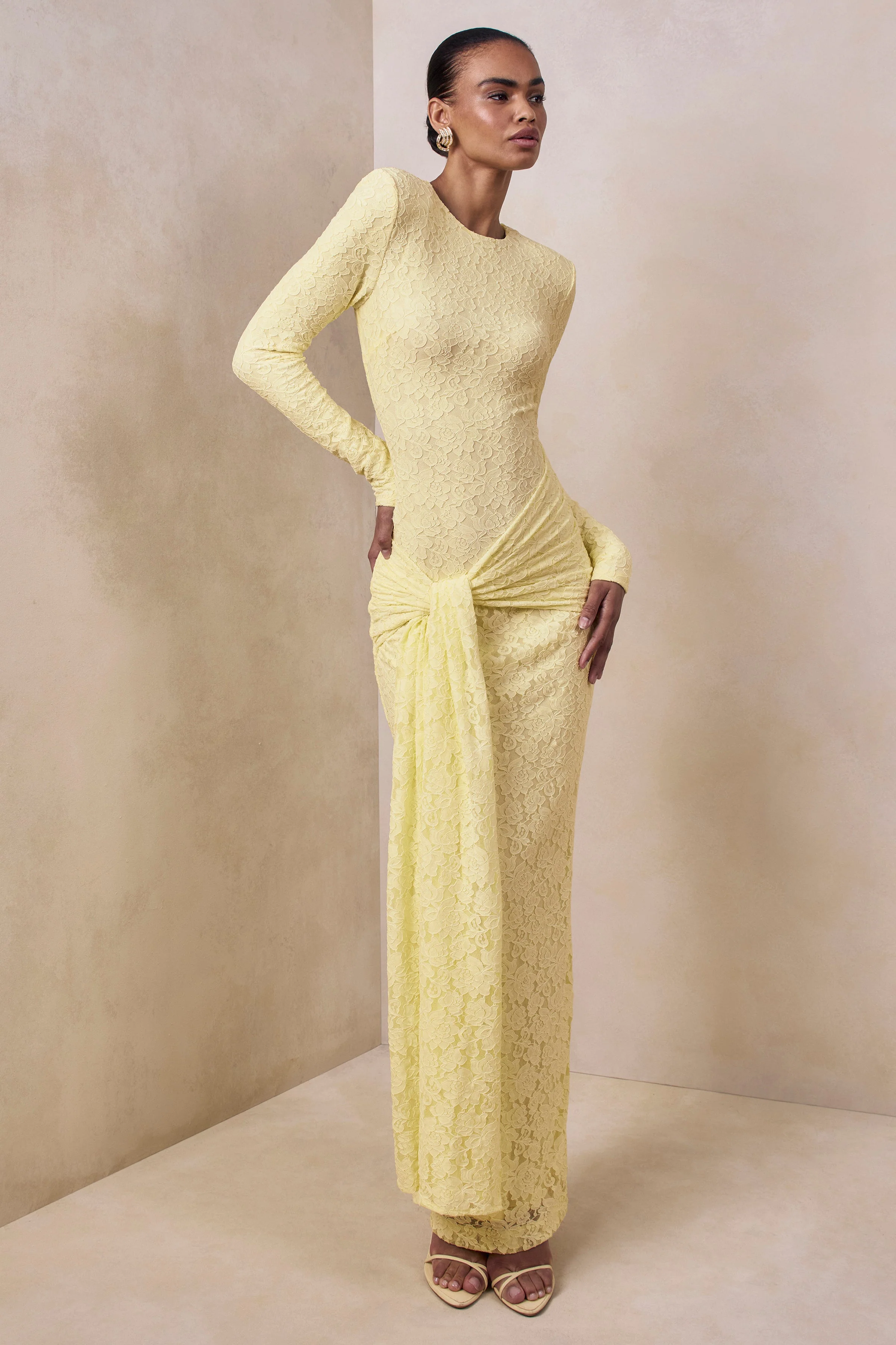 Evangela | Lemon Lace Crew-Neck Maxi Dress With Wrap-Detail - Image 5