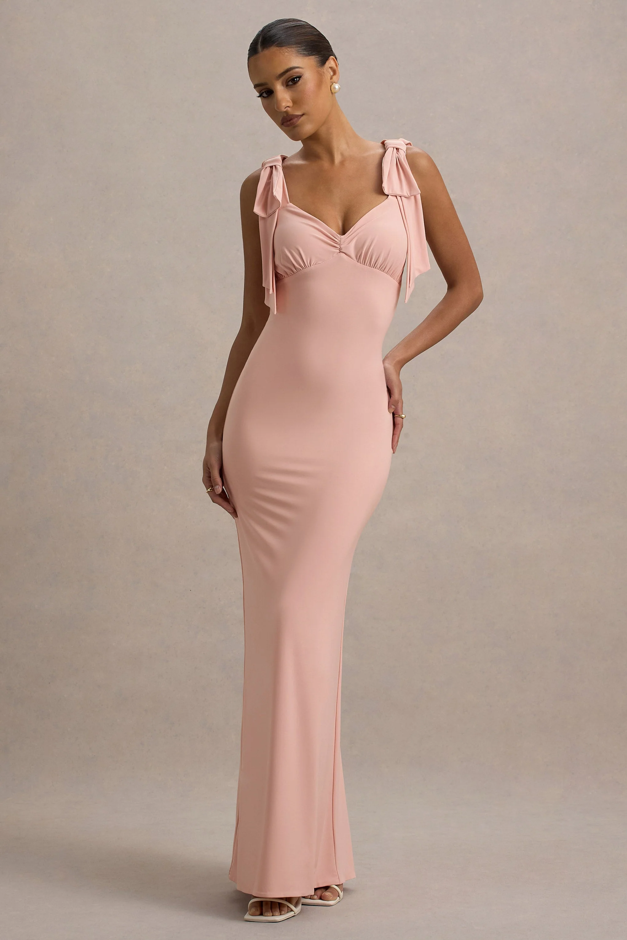 Evanna | Pink V-Neck Maxi Dress With Bow Straps - Image 4