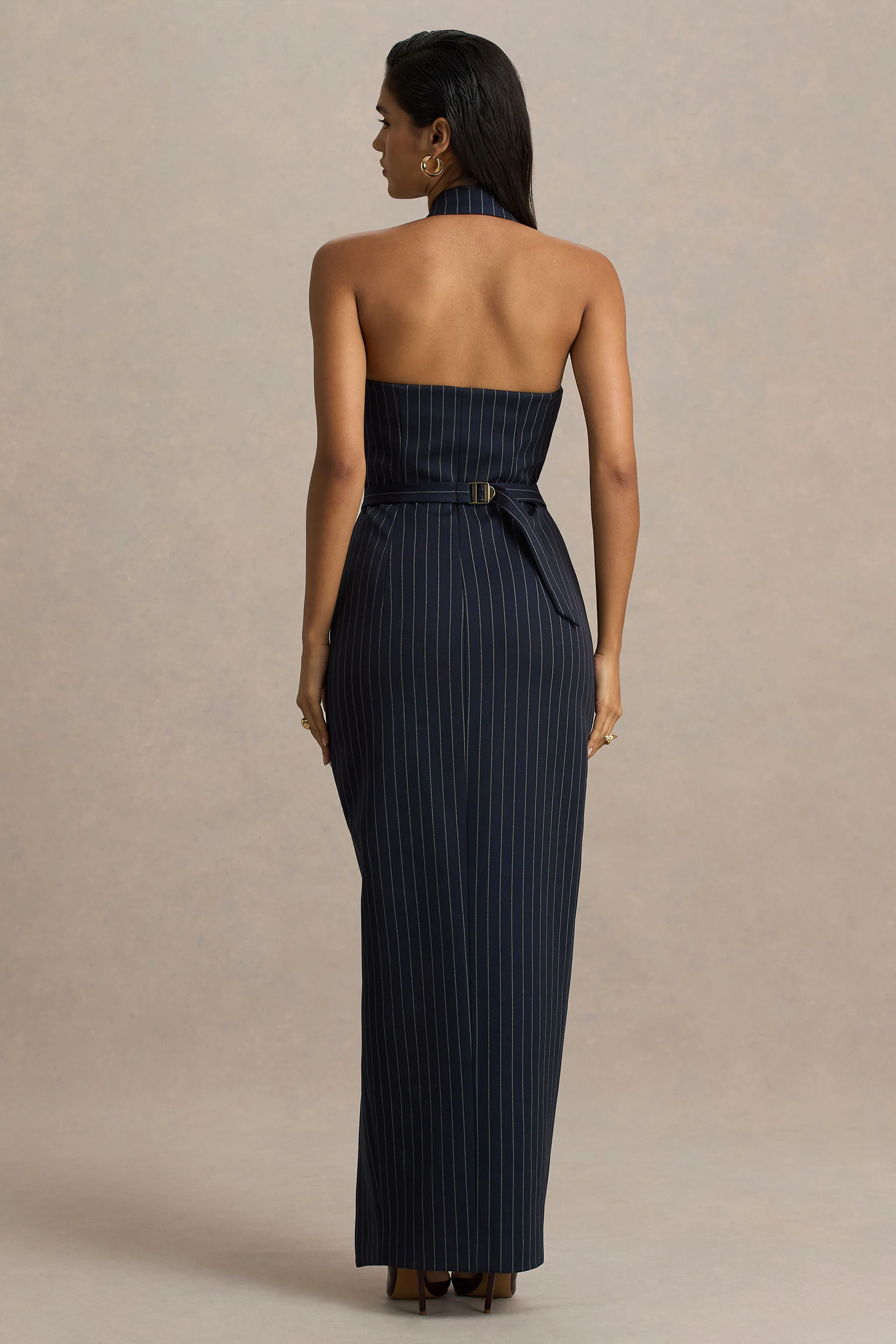Eve | Navy Pinstripe Plunge-Neckline Tailored Maxi Dress - Image 3