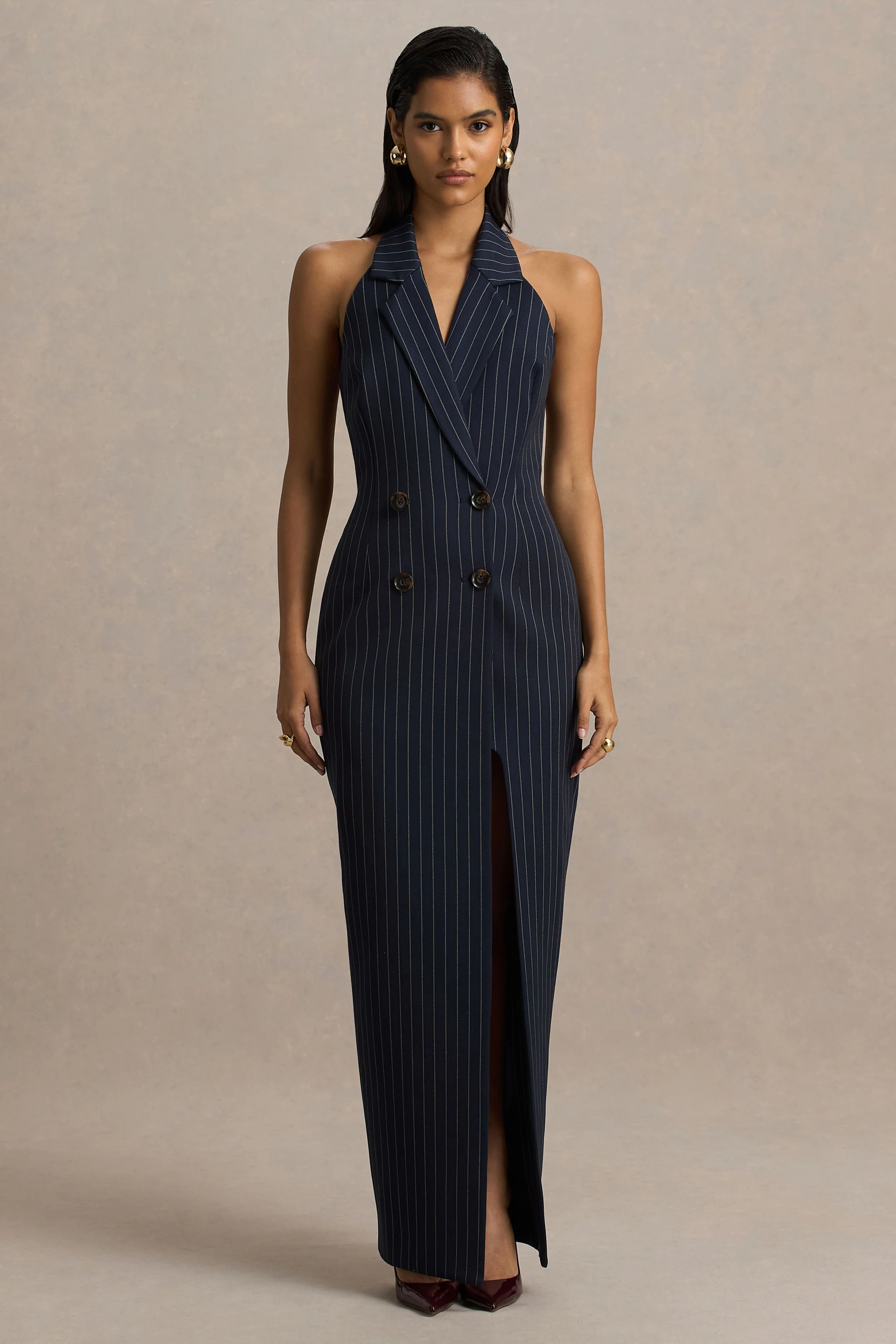 Eve | Navy Pinstripe Plunge-Neckline Tailored Maxi Dress - Image 5
