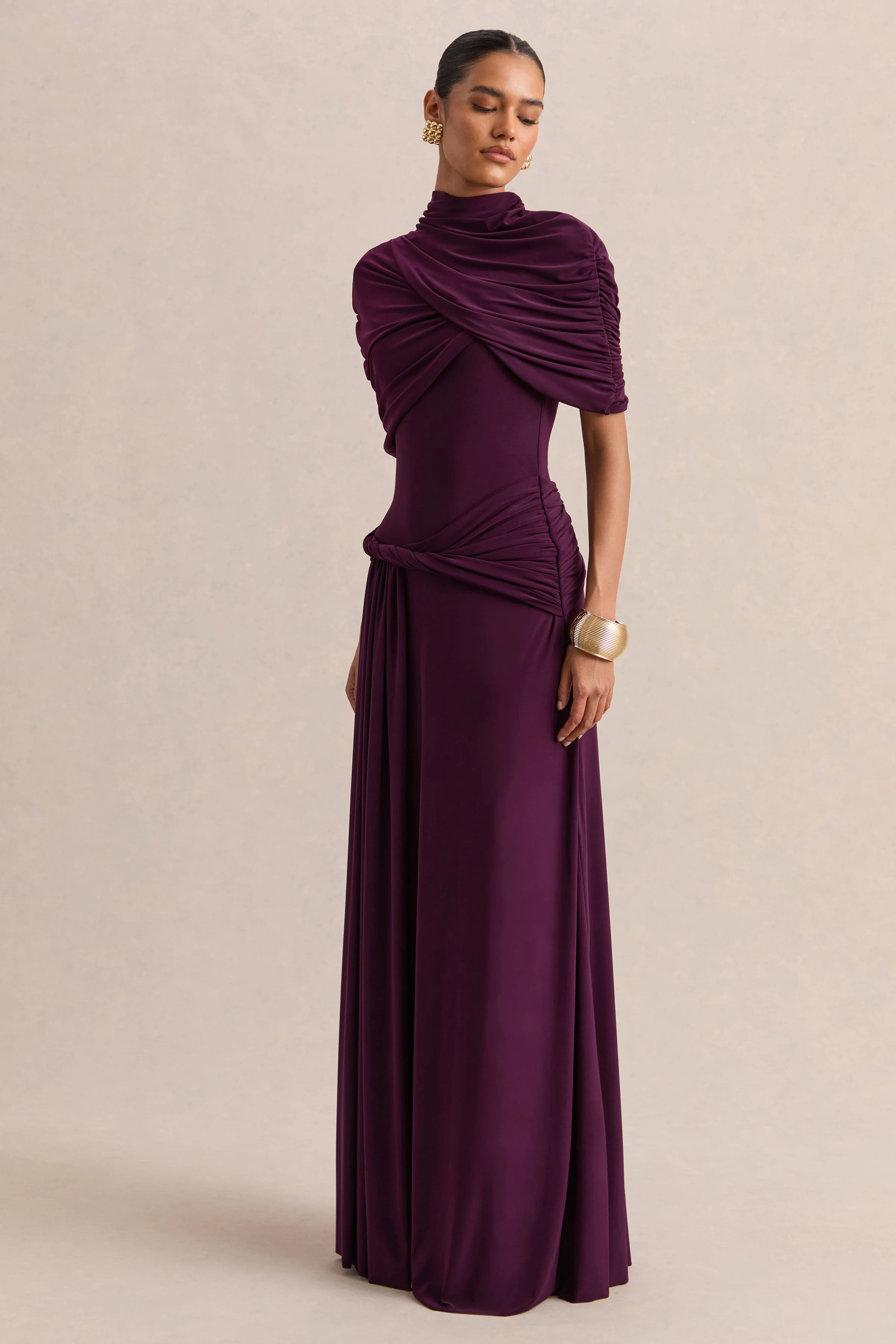 Evelisse | Plum High-Neck Maxi Dress With Short-Cape Sleeves - Image 5