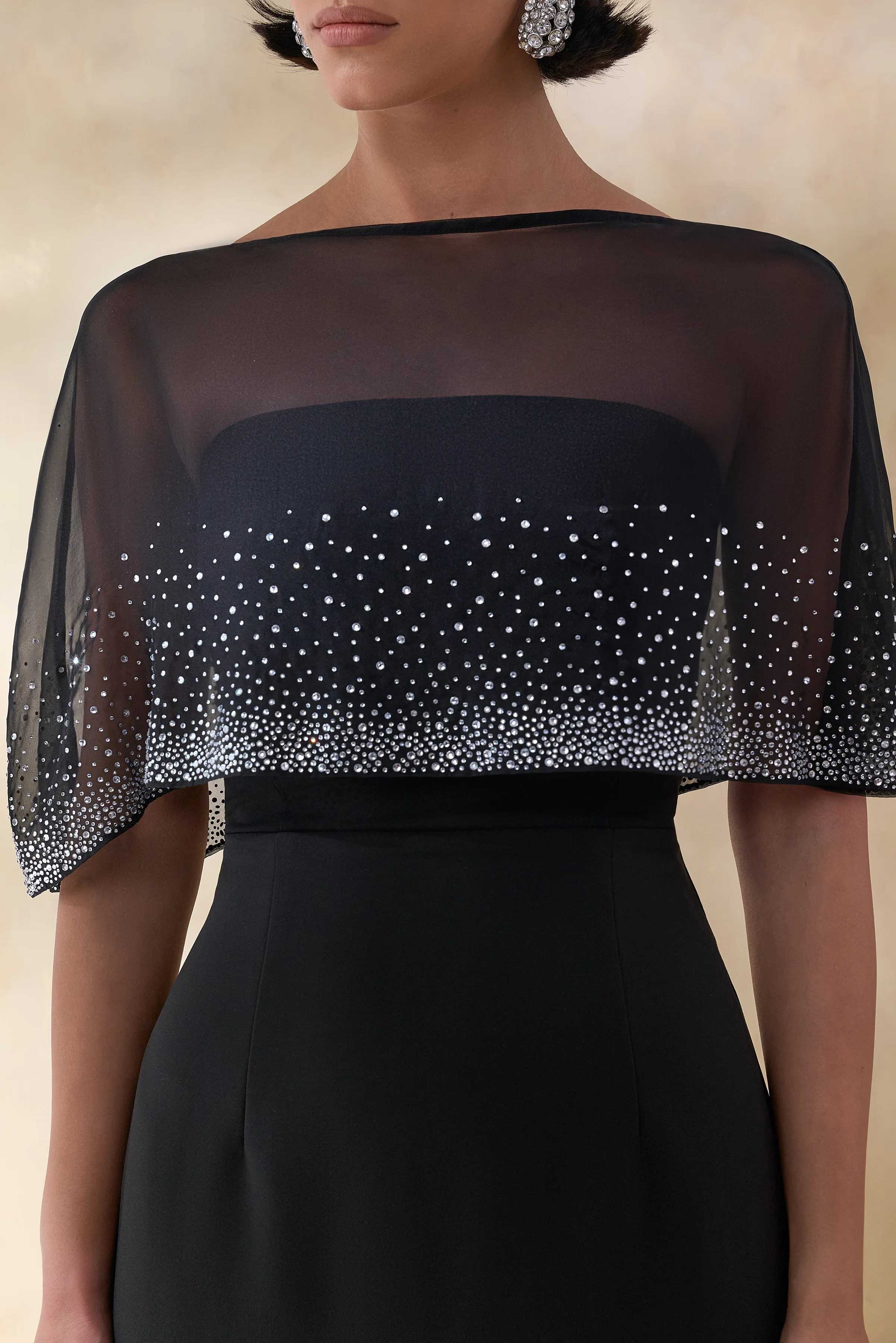 Everly | Black Hand-Embellished Cape-Sleeve Maxi Dress - Image 3