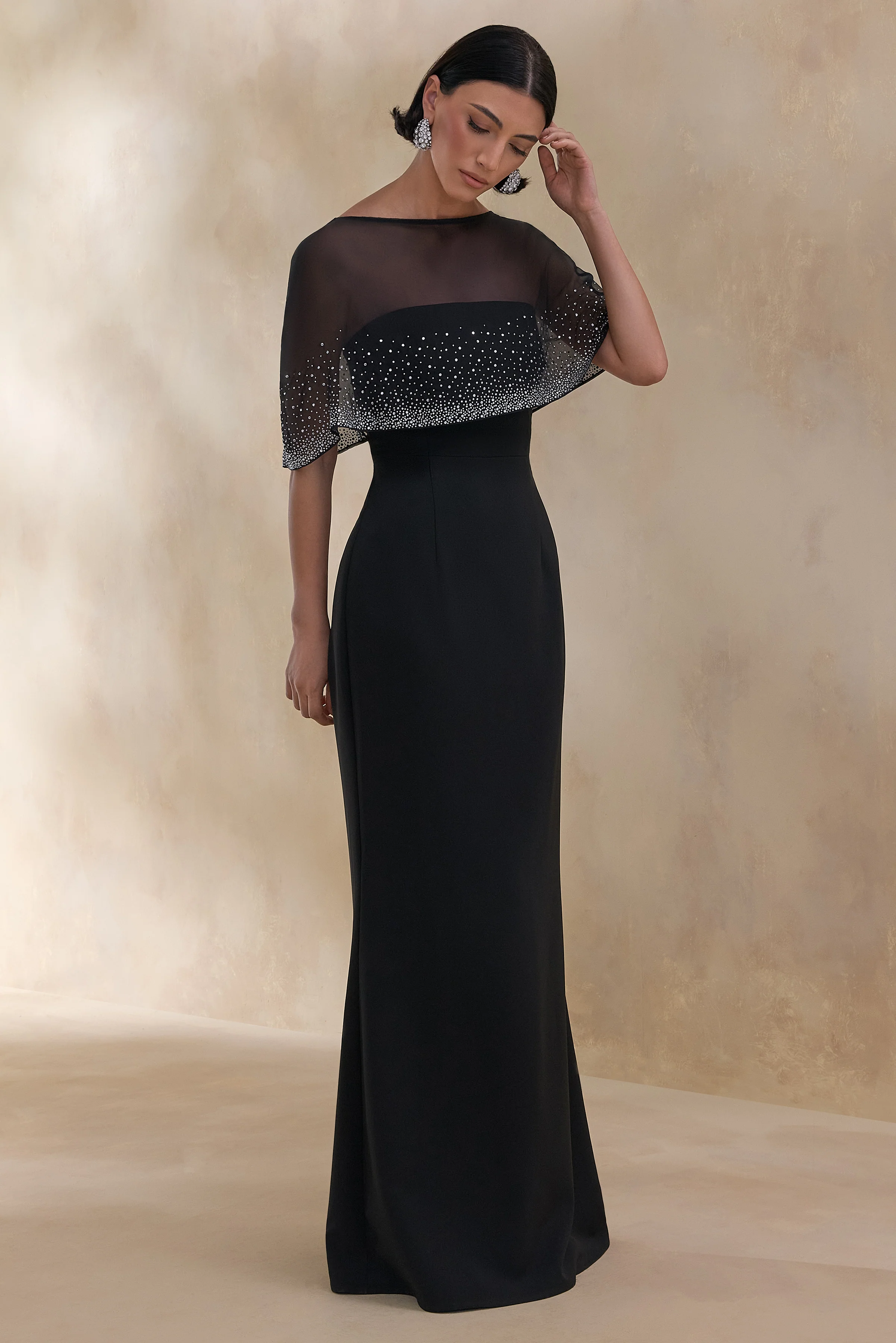Everly | Black Hand-Embellished Cape-Sleeve Maxi Dress - Image 4
