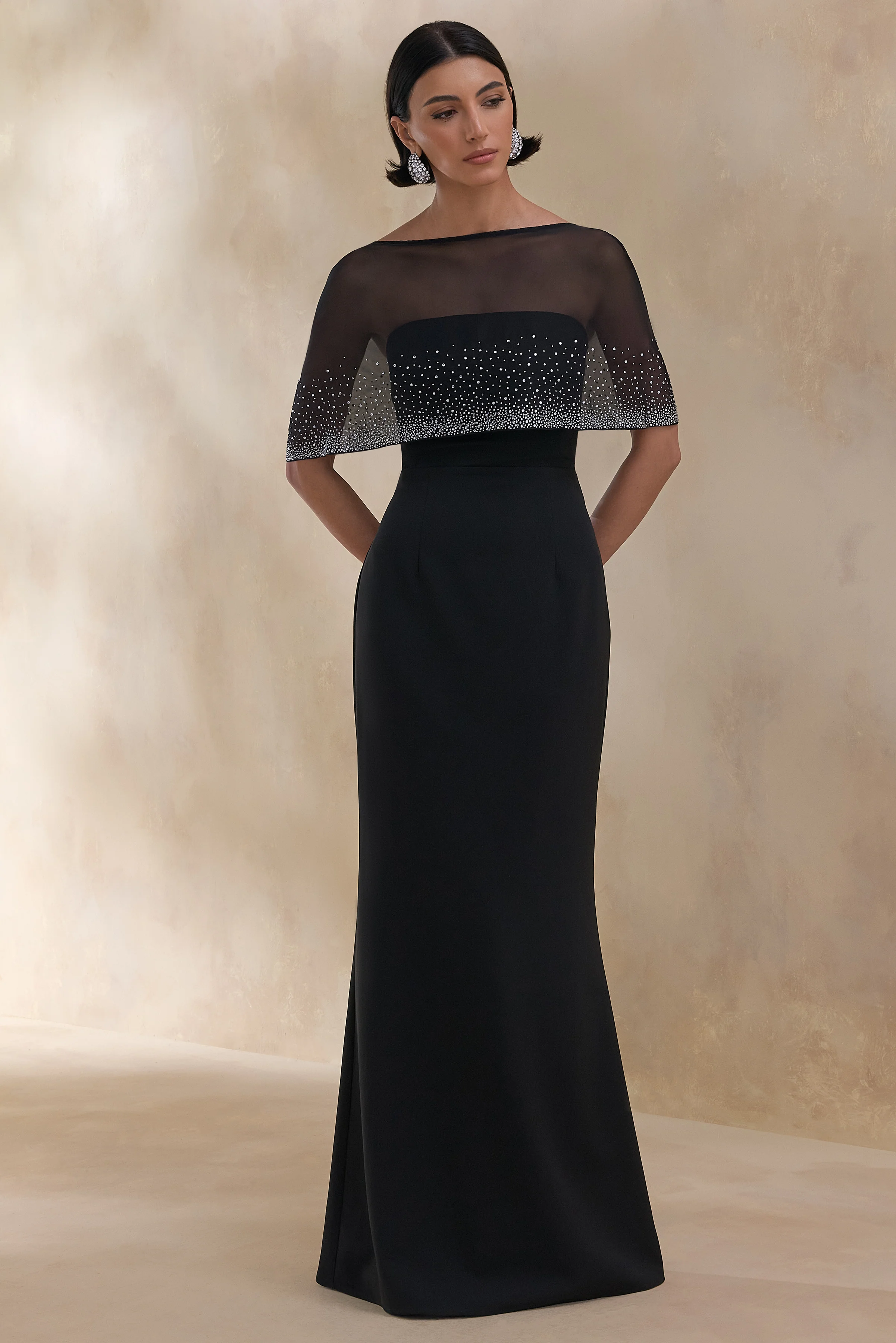 Everly | Black Hand-Embellished Cape-Sleeve Maxi Dress - Image 5