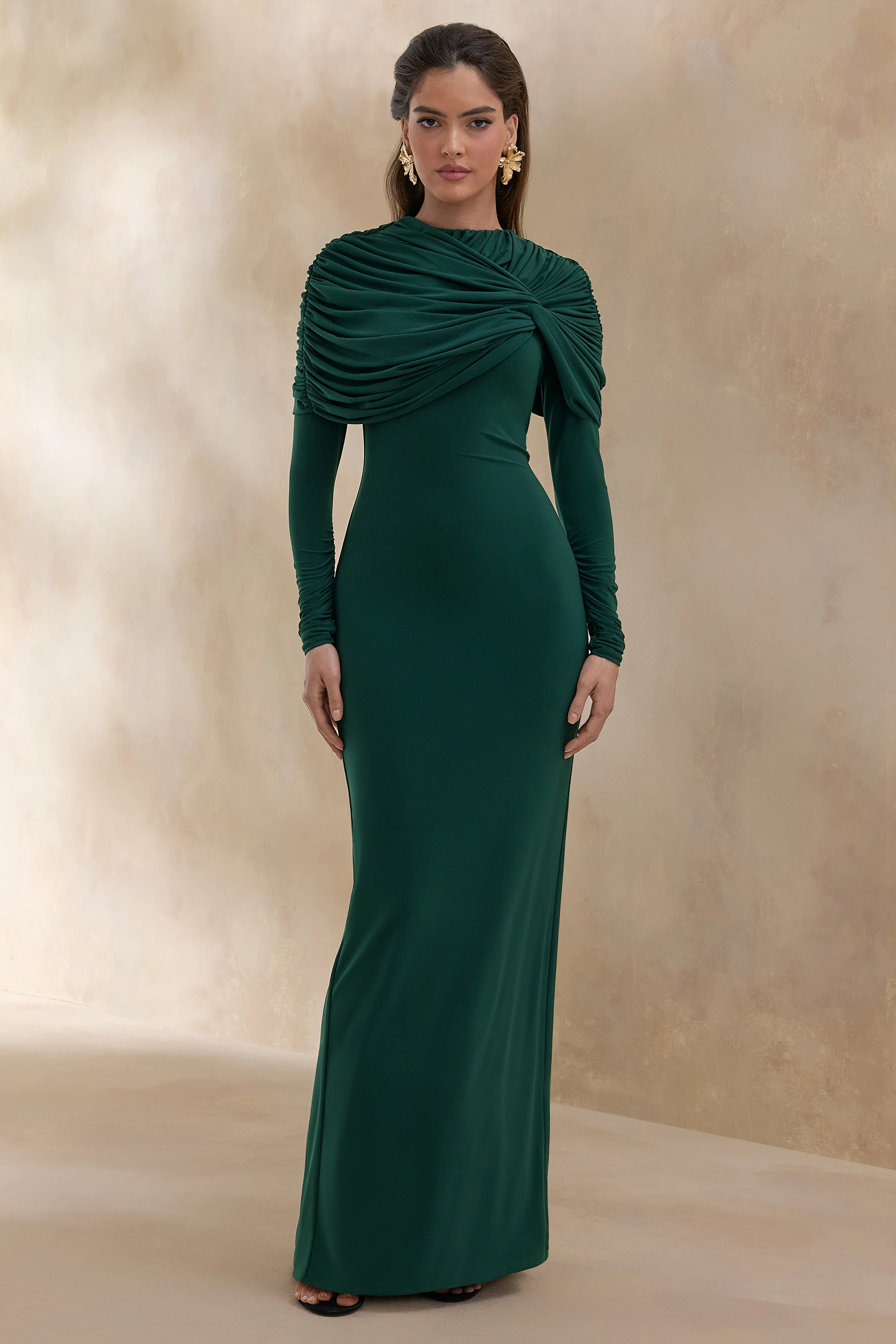 Evessa | Dark Green High-Neck Maxi Dress With Gathered-Detailing - Image 4