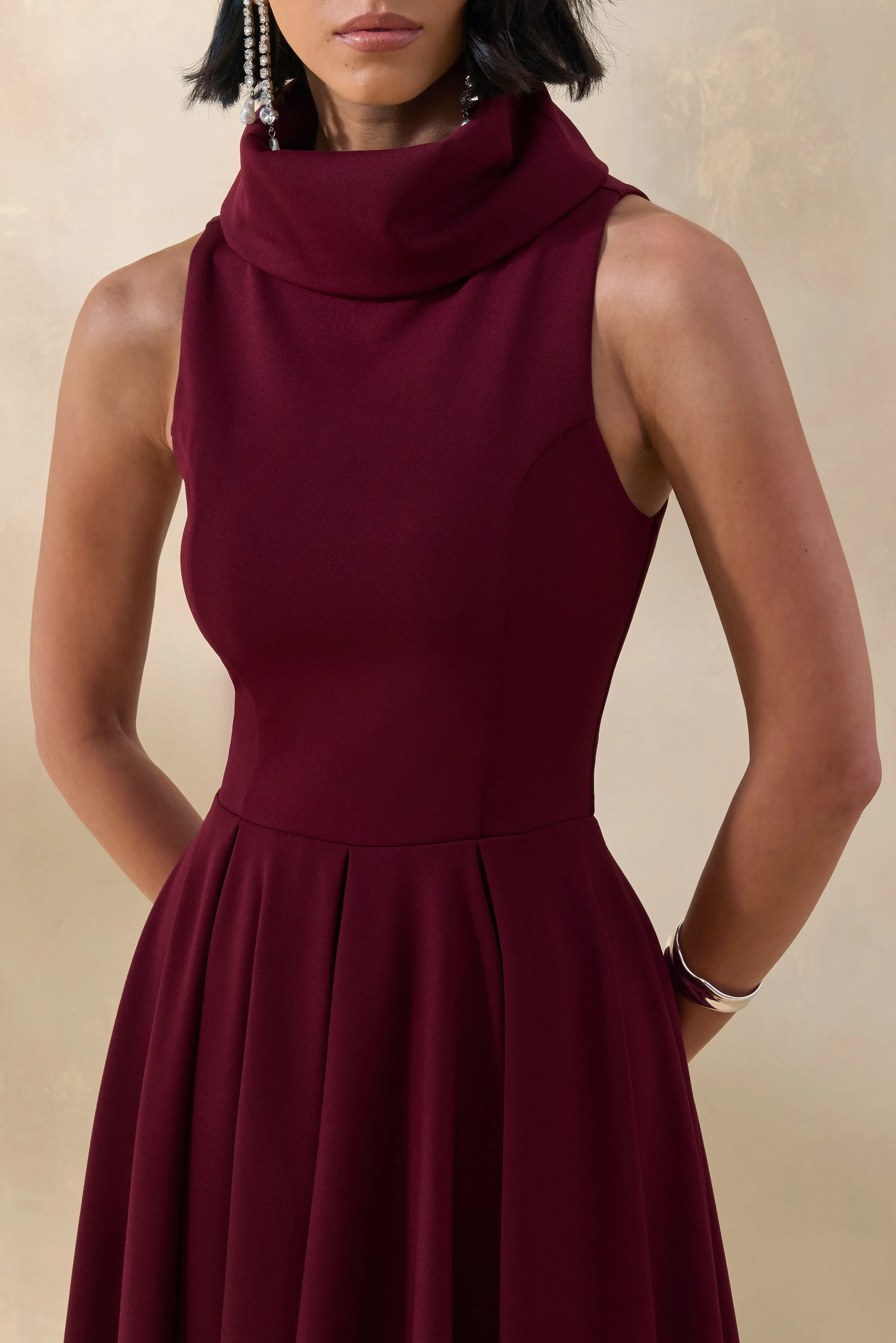 Exclusivity | Burgundy High-Neck Midi Dress - Image 3