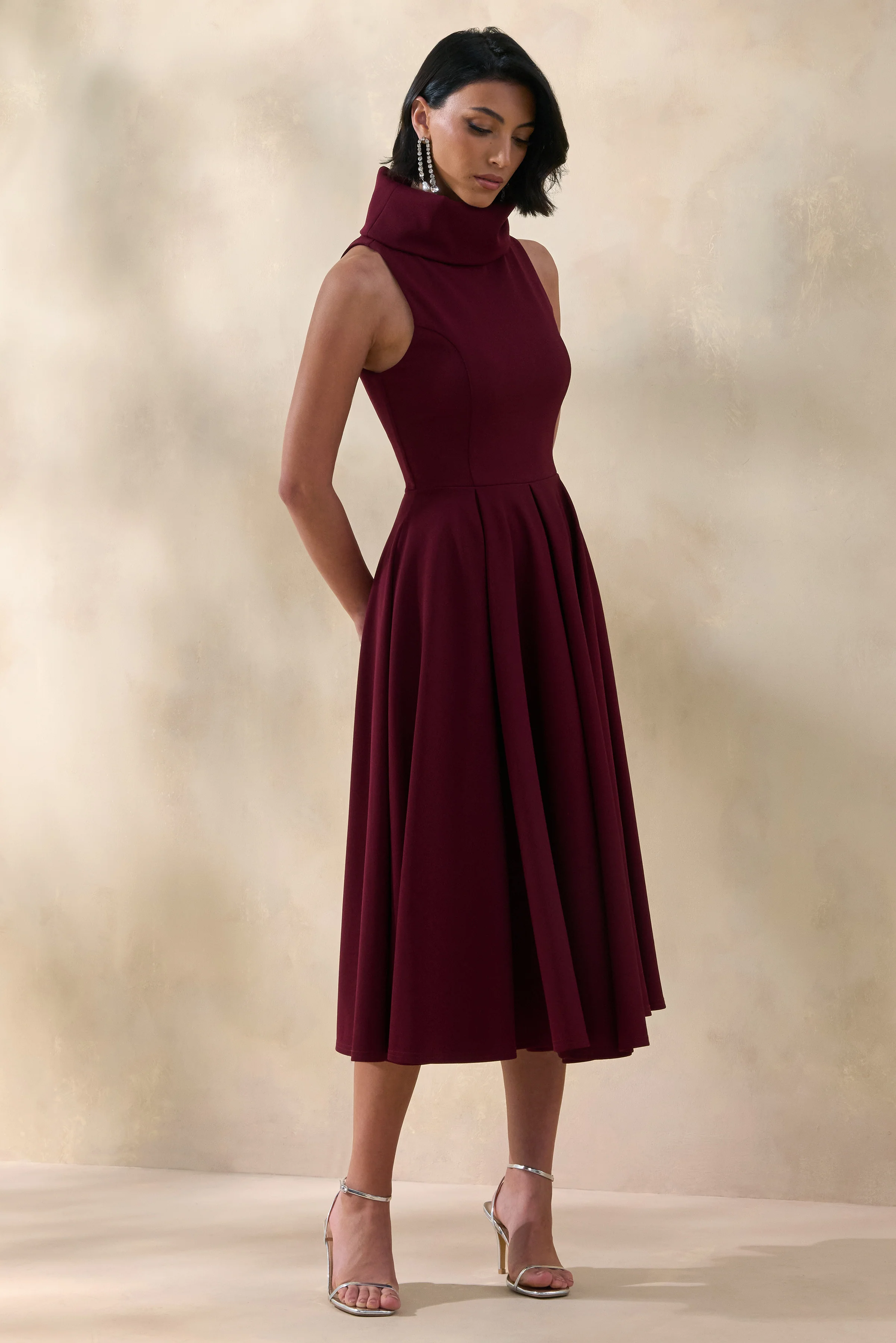 Exclusivity | Burgundy High-Neck Midi Dress - Image 4