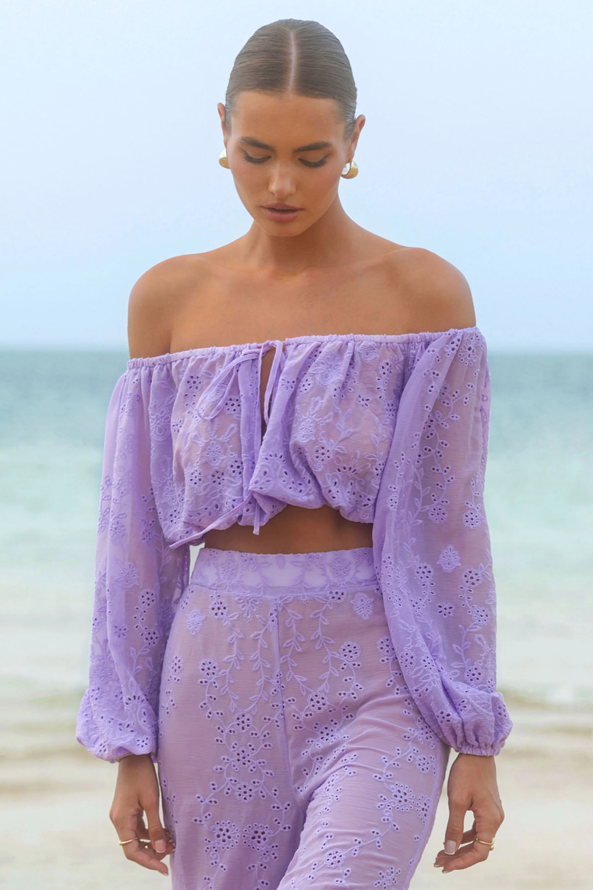 Fabienne | Lilac Broidery Bardot Puff-Sleeve Top - Image 4