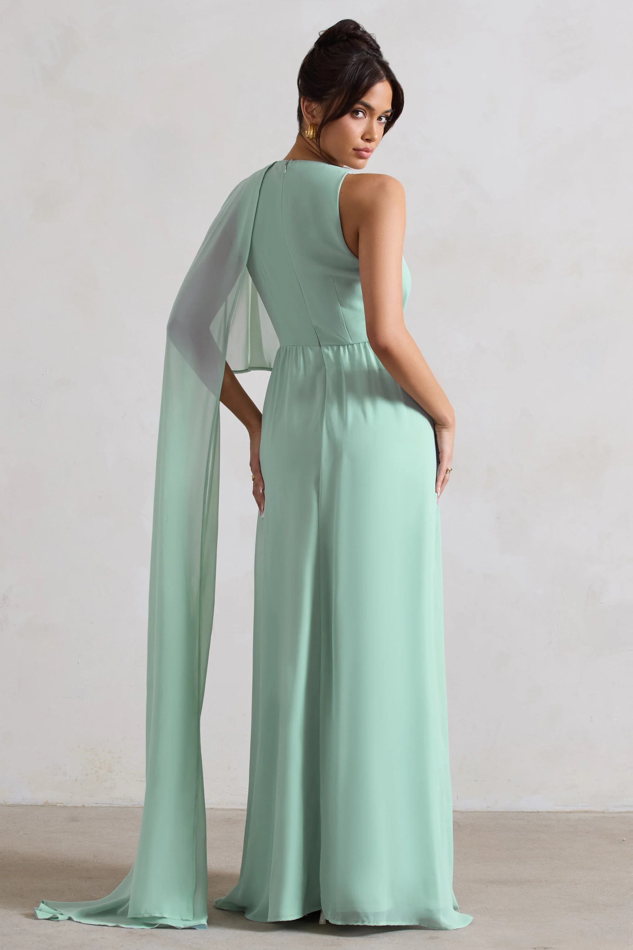 Fairytale | Sage Plunge-Neck Chiffon Maxi Dress With Cape Sleeve - Image 2