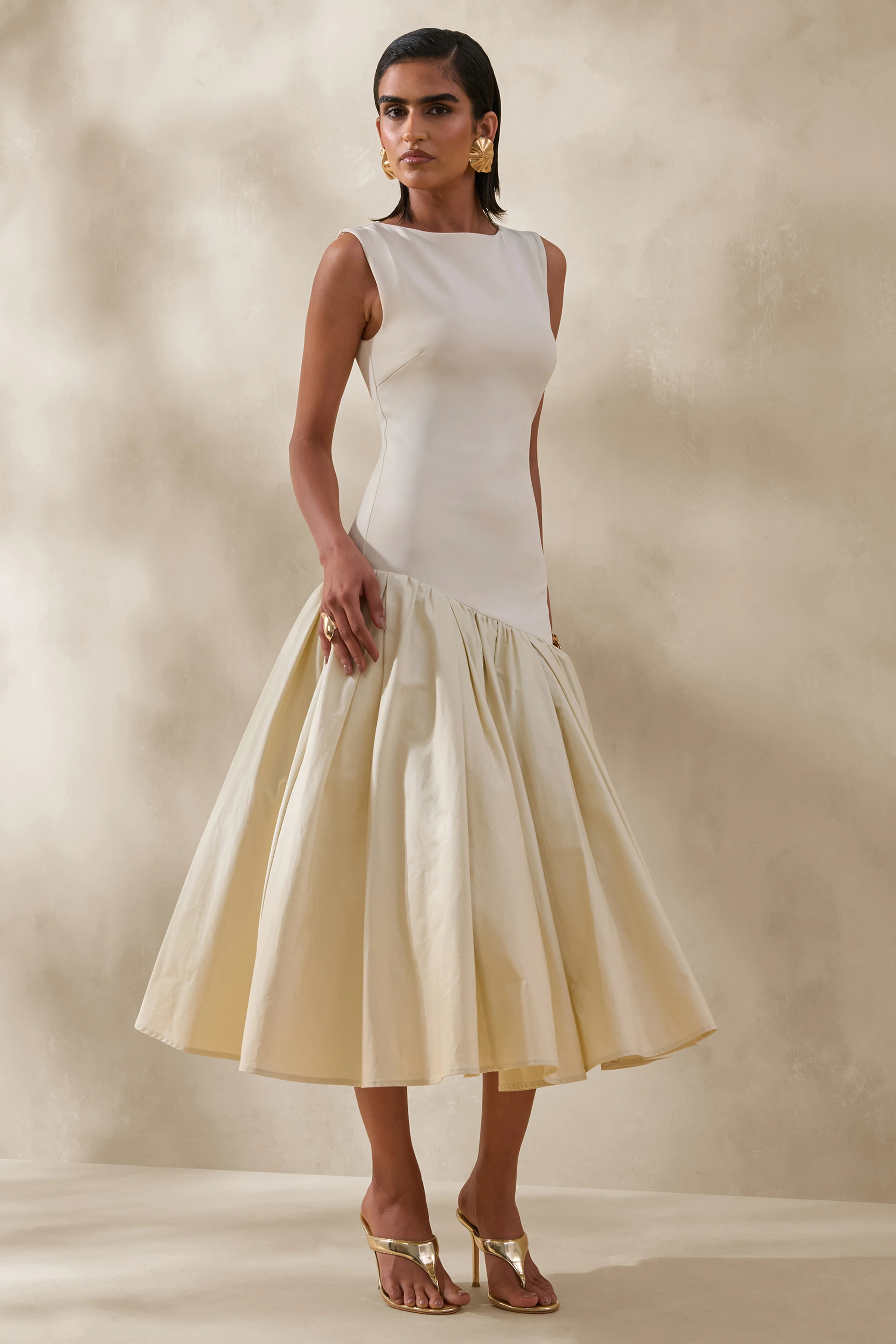 Fantasia | Cream Boat-Neck Midi Dress With Asymmetric Drop-Waist - Image 2