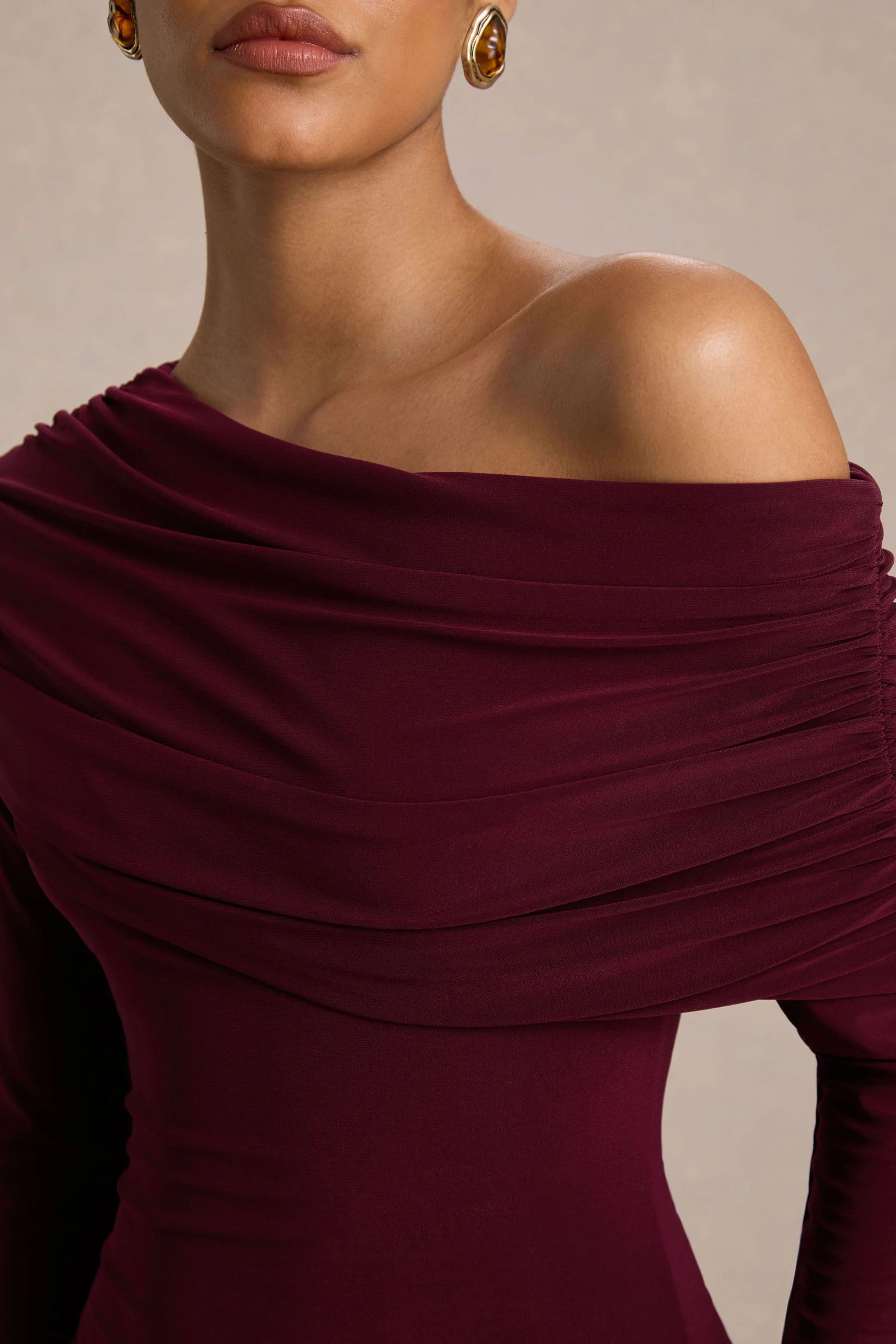 Farah | Burgundy Asymmetric-Neck Maxi Dress With Drop Waist And Ruched Detailing - Image 6