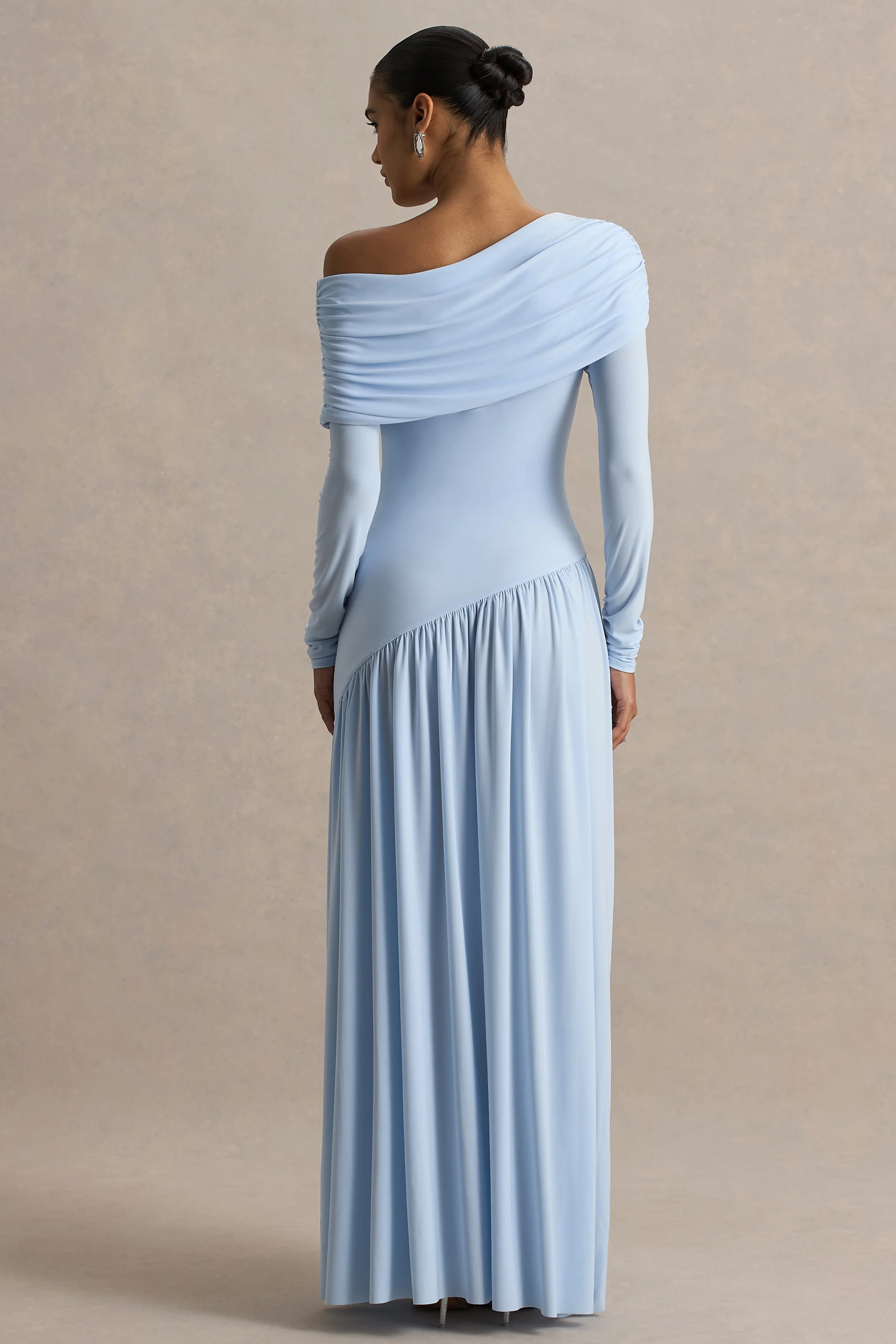 Farah | Powder Blue Asymmetric-Neck Maxi Dress With Drop Waist And Ruched Detailing - Image 2