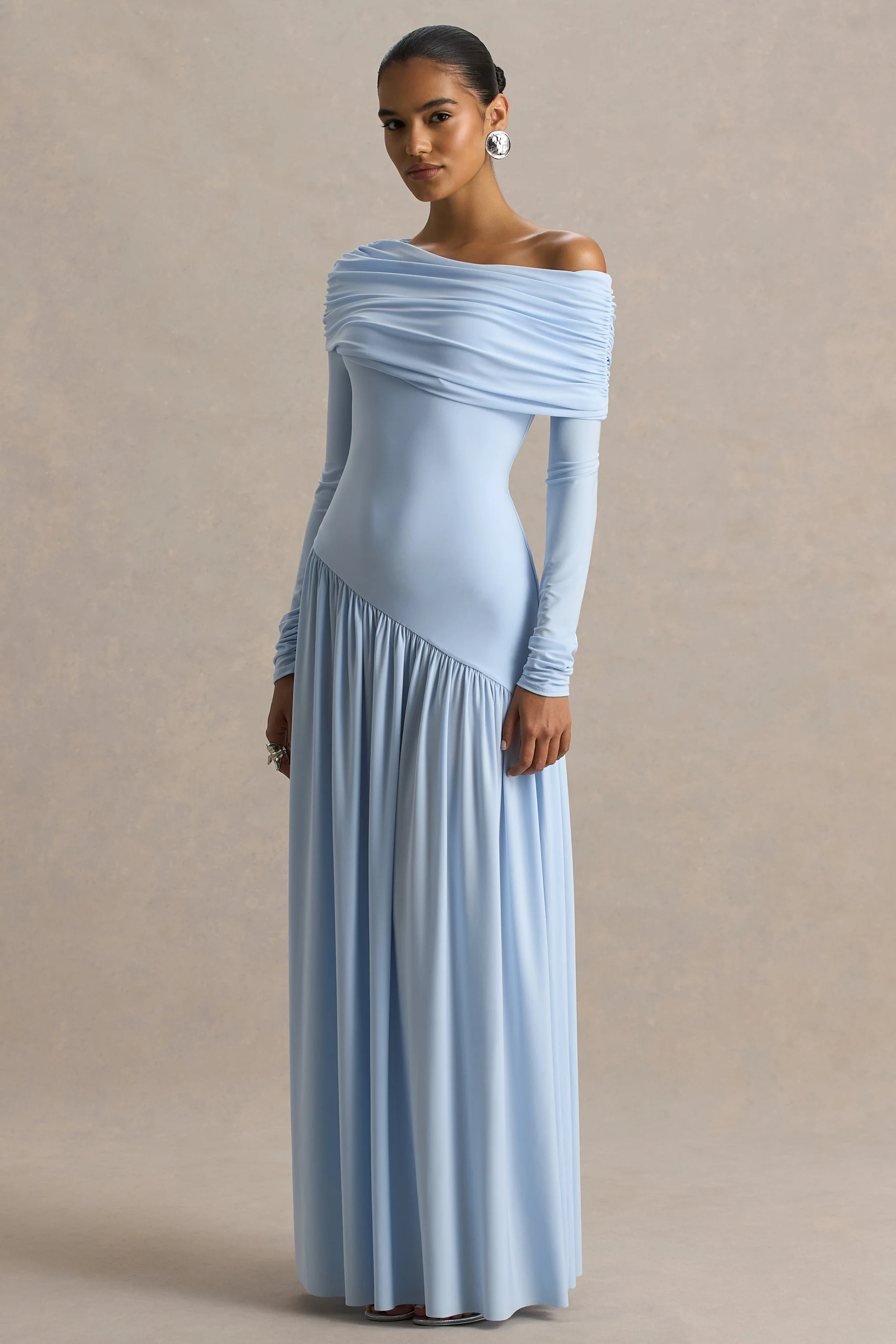 Farah | Powder Blue Asymmetric-Neck Maxi Dress With Drop Waist And Ruched Detailing - Image 4
