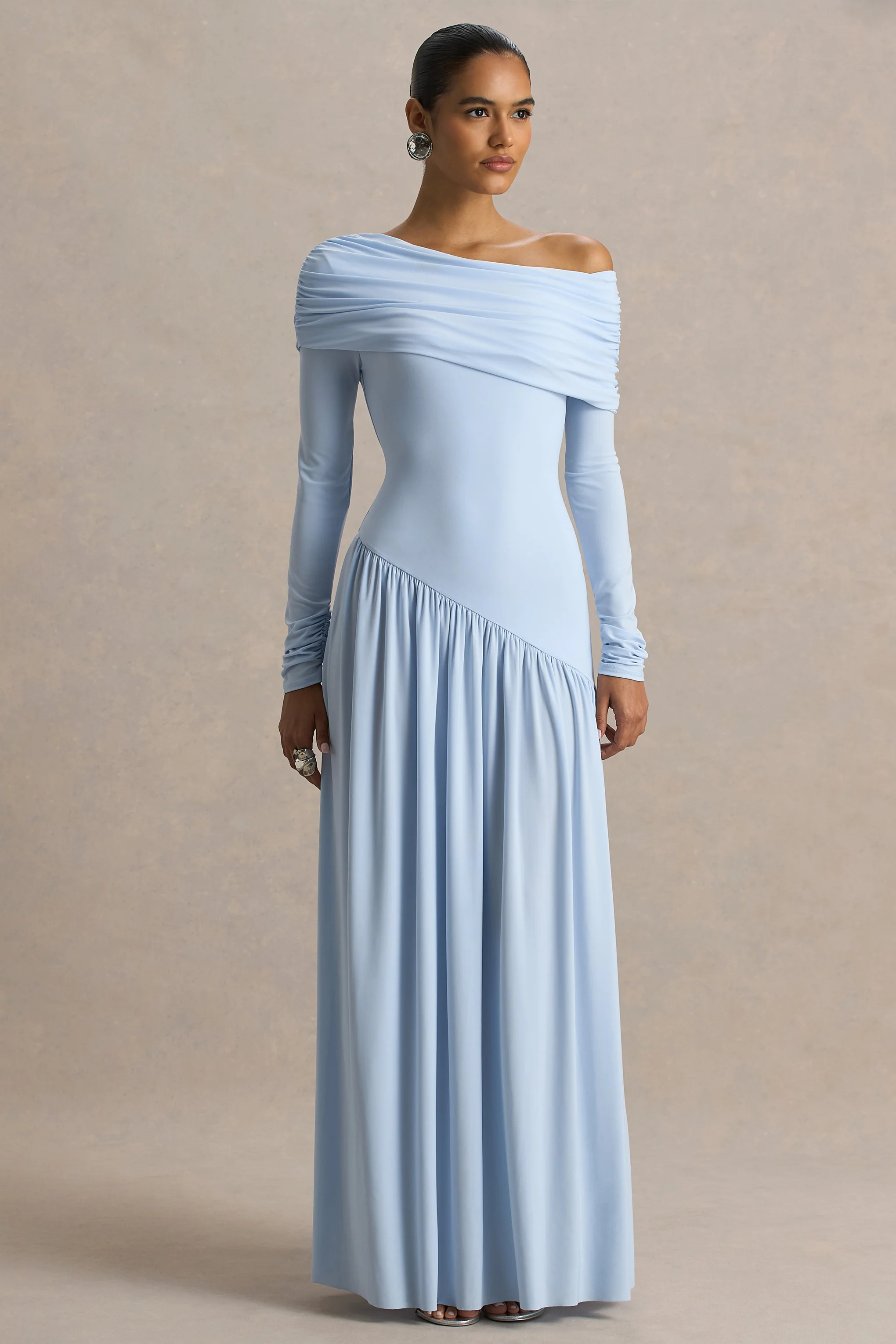 Farah | Powder Blue Asymmetric-Neck Maxi Dress With Drop Waist And Ruched Detailing - Image 5