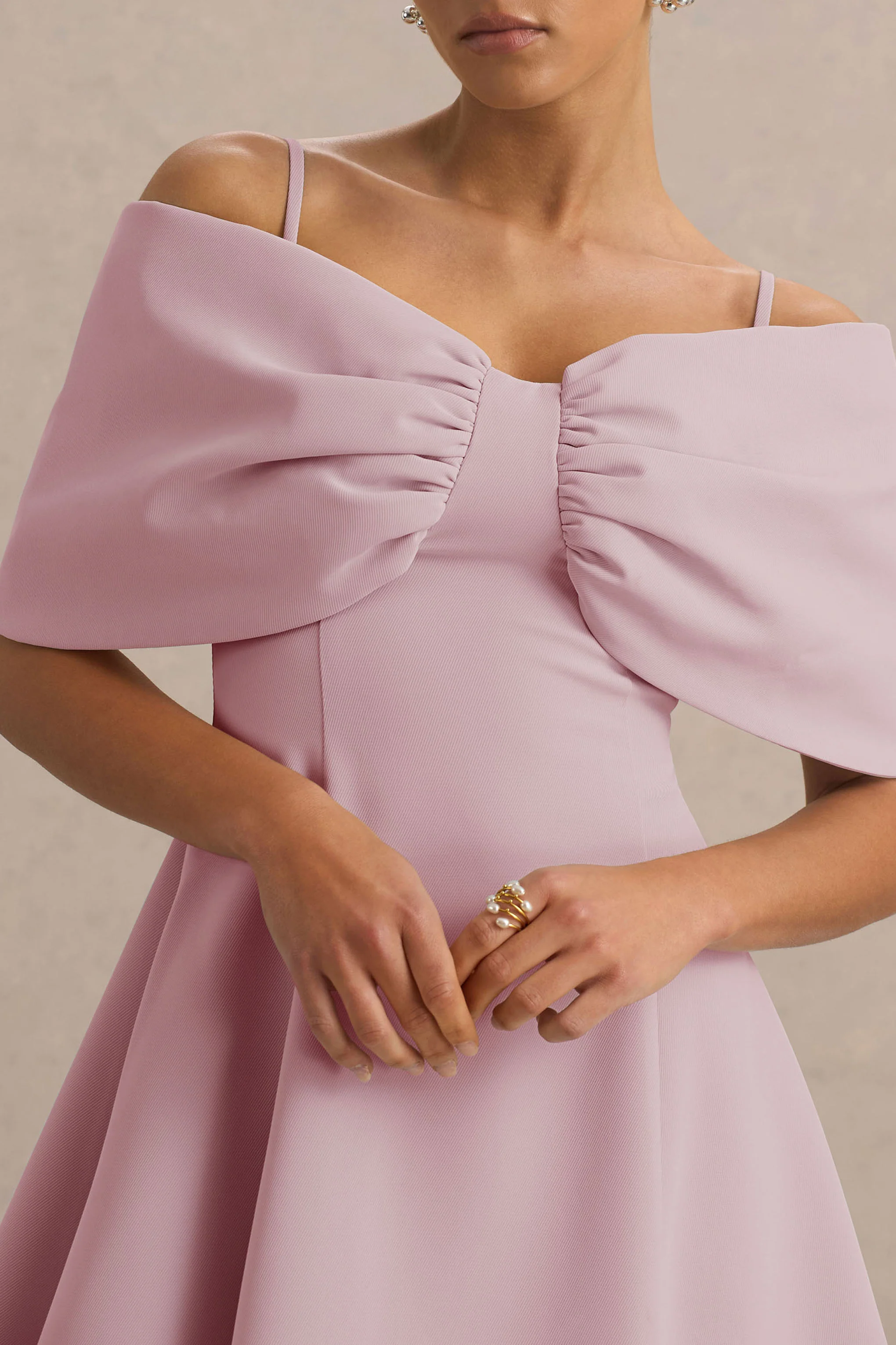 Faria | Blush Pink Short-Sleeve Bardot Mini Dress With Bow Detail - Image 4