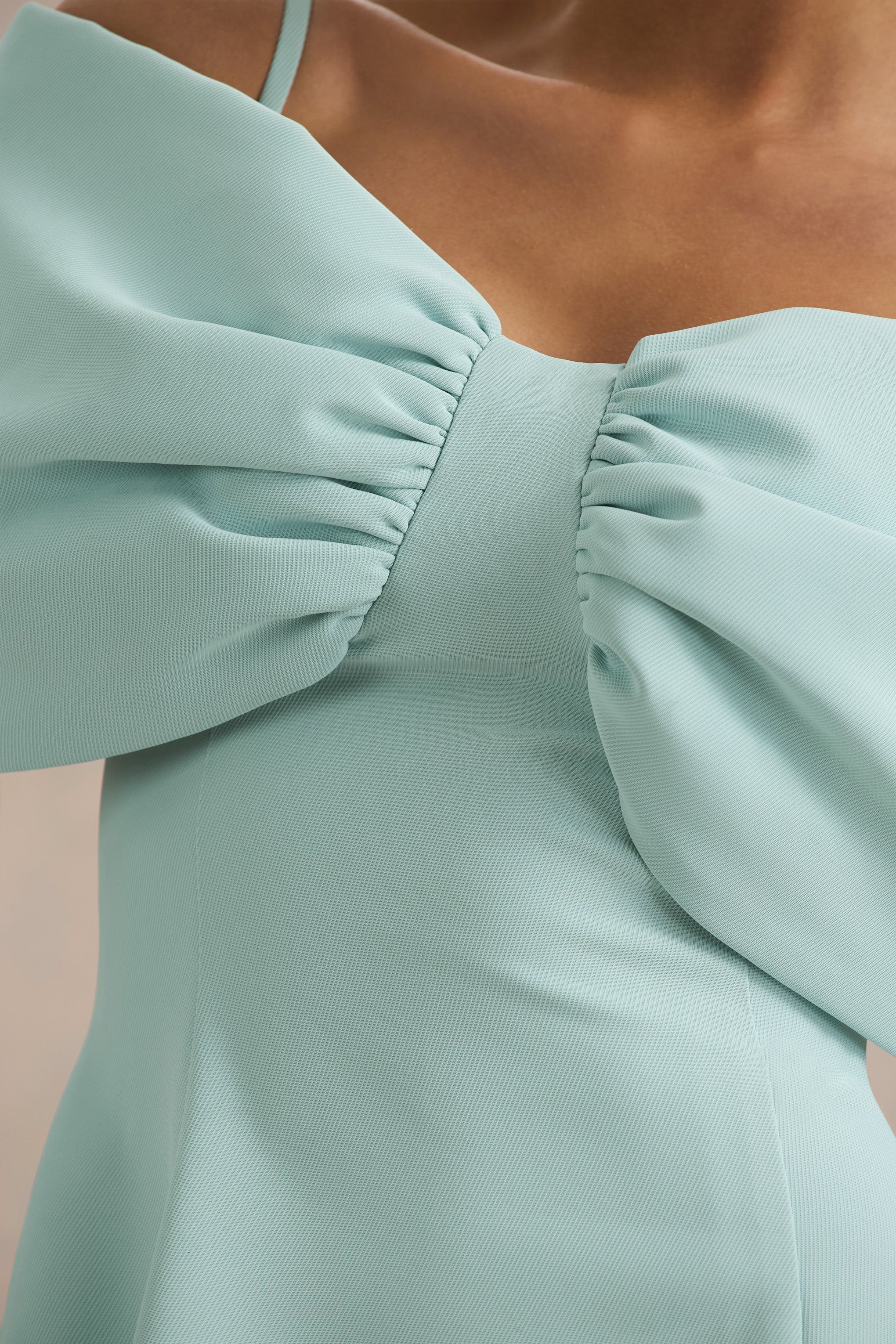 Faria | Light Blue Short-Sleeve Bardot Mini Dress With Bow Detail - Image 6