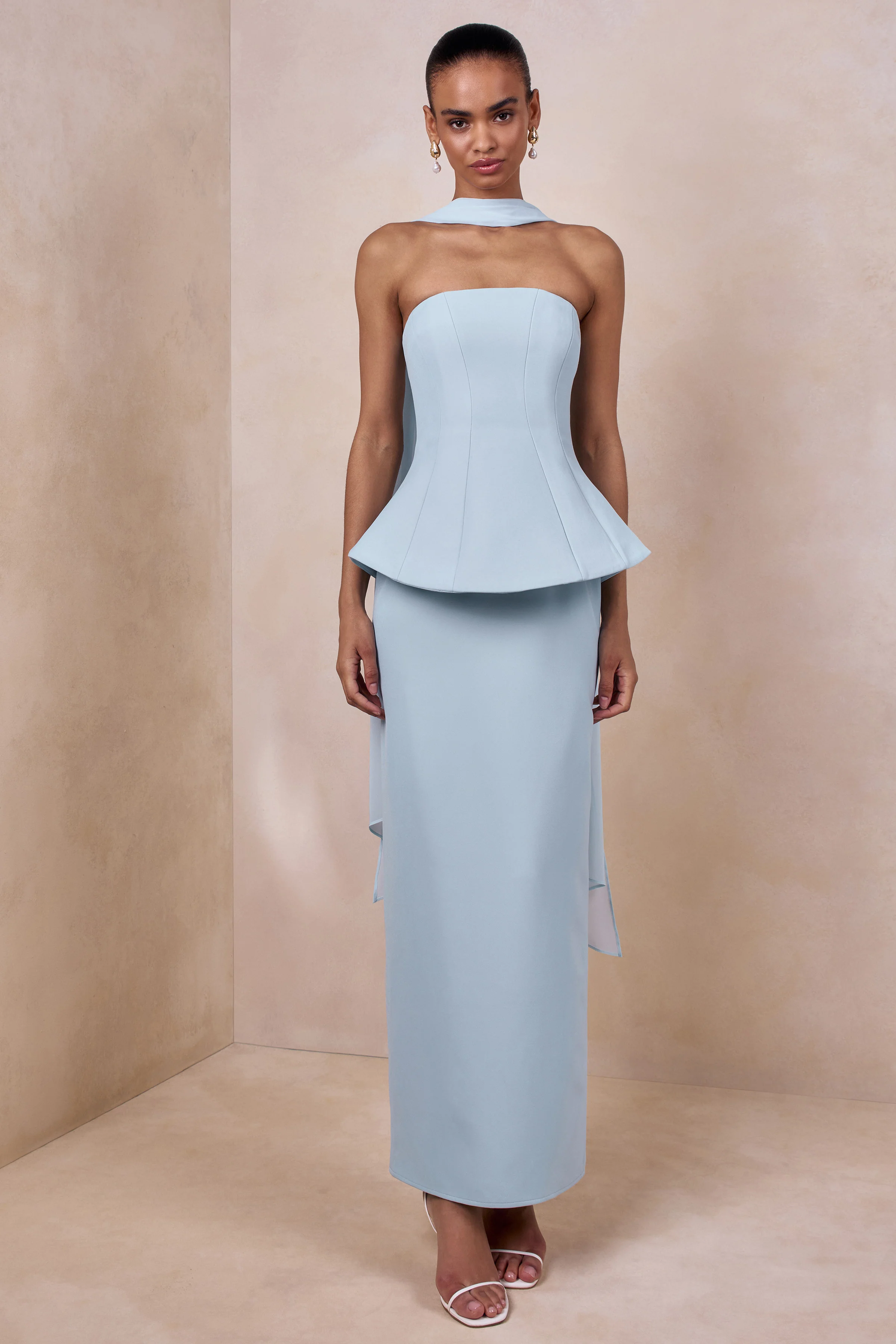 Farron | Powder Blue Bandeau Corset Maxi Dress - Image 4