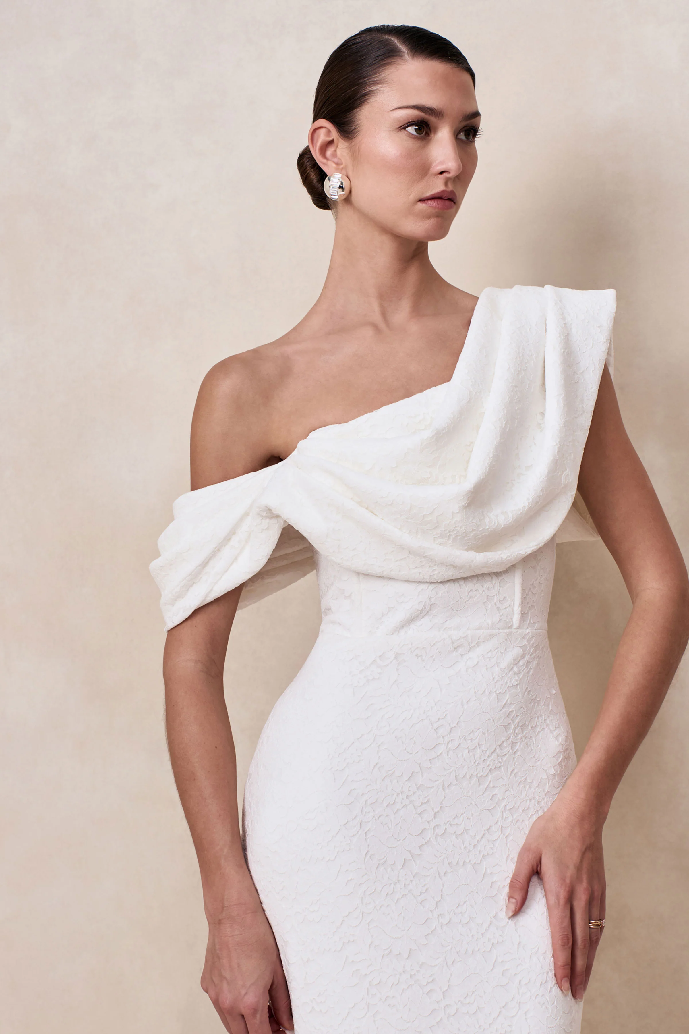 Farvera | White Lace Draped Asymmetric-Neck Midi Dress - Image 3