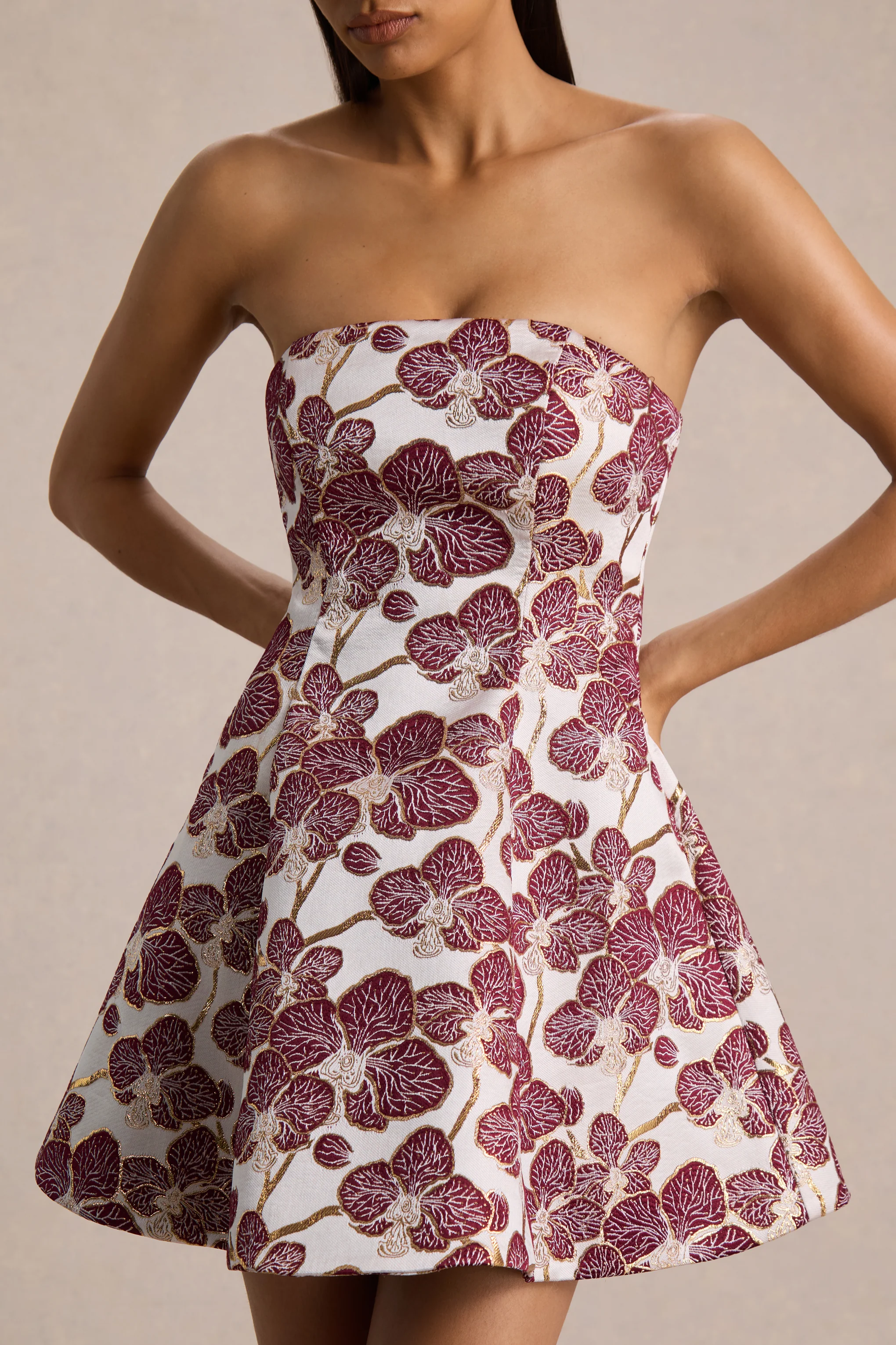 Federica | Burgundy And Gold Jacquard Bandeau A-Line Mini Dress - Image 3