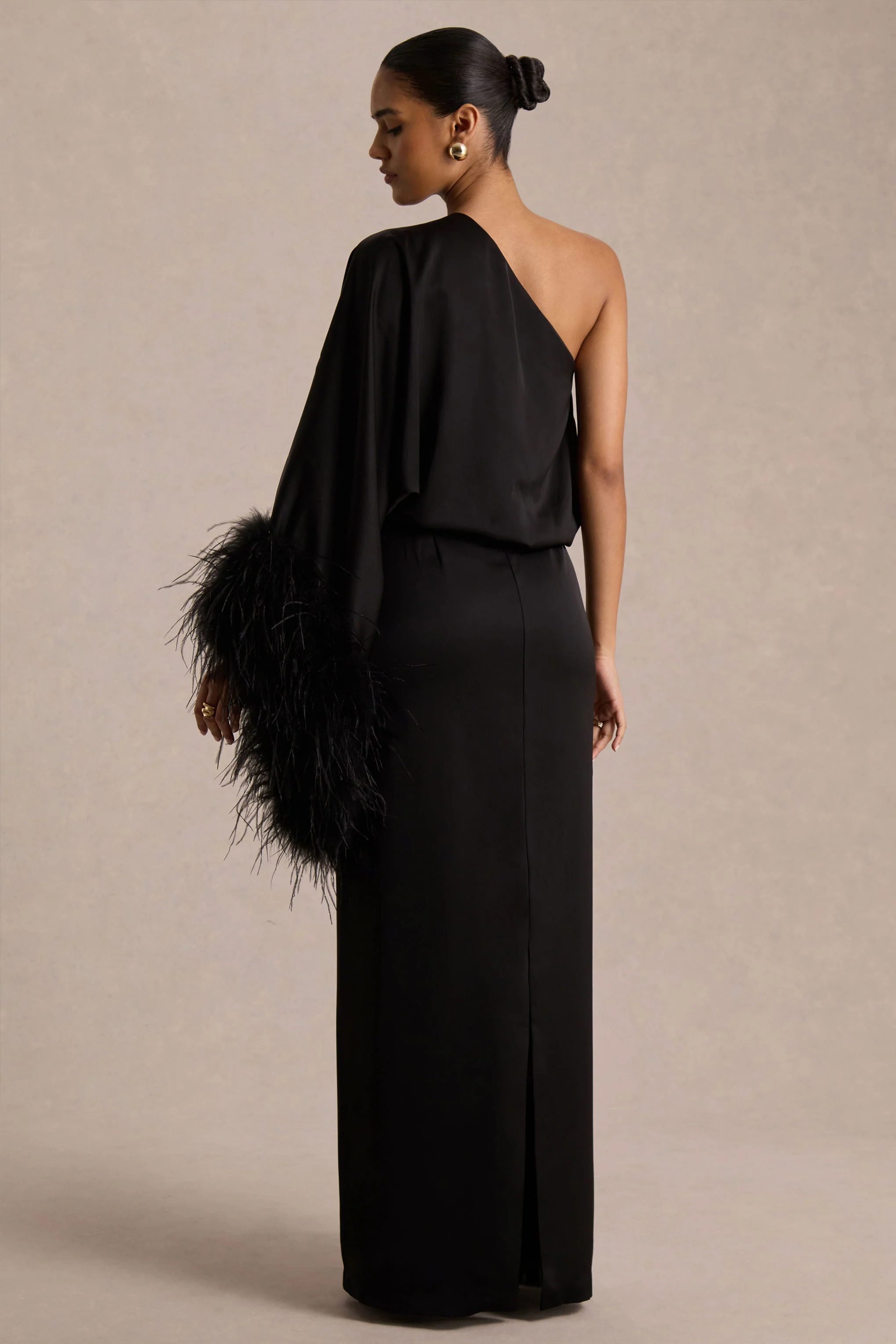 Felicity | Black Satin Asymmetric-Neck Maxi Dress With Feather Detailing - Image 2