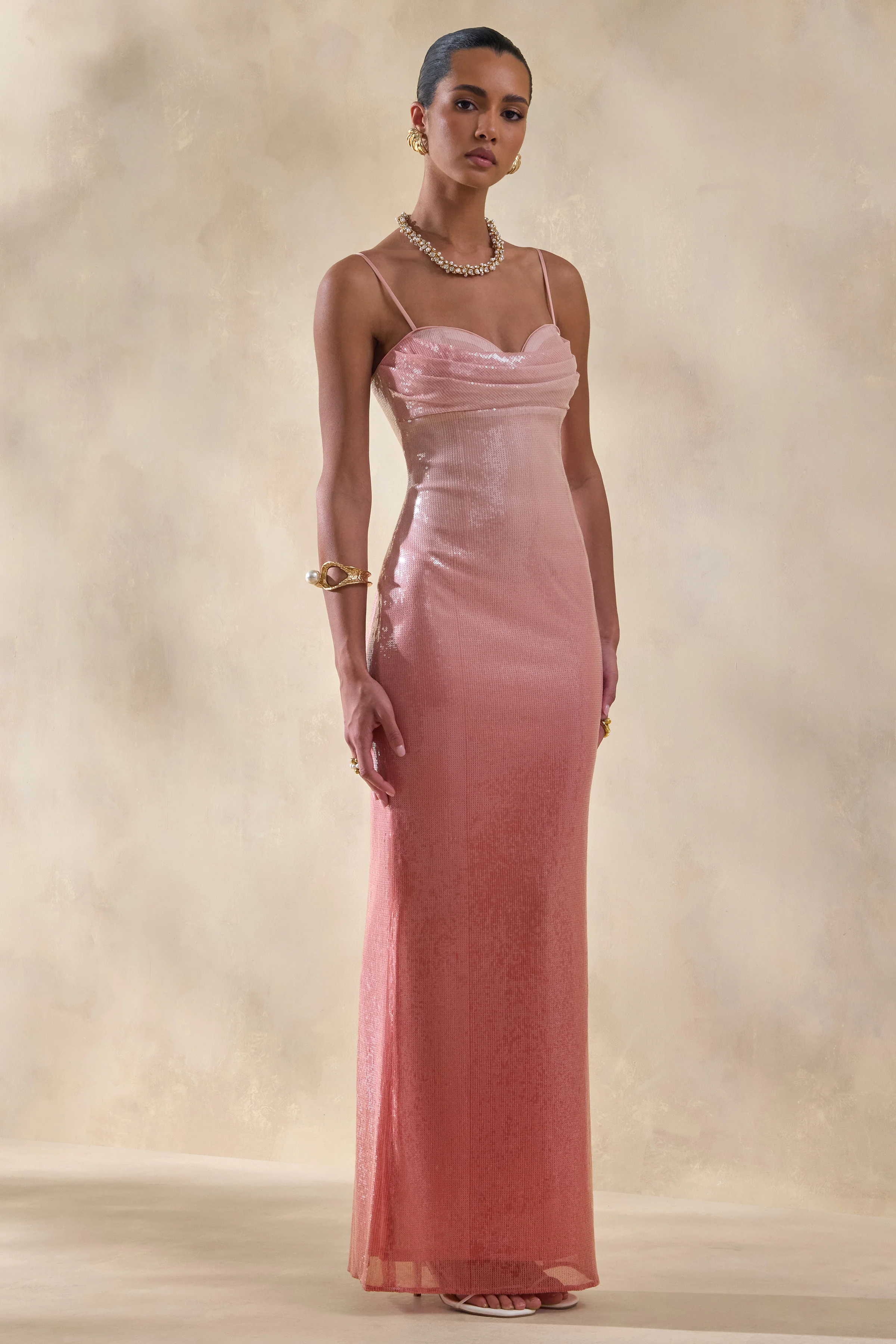 Feloria | Coral Ombre Sequin Cowl-Neck Maxi Dress