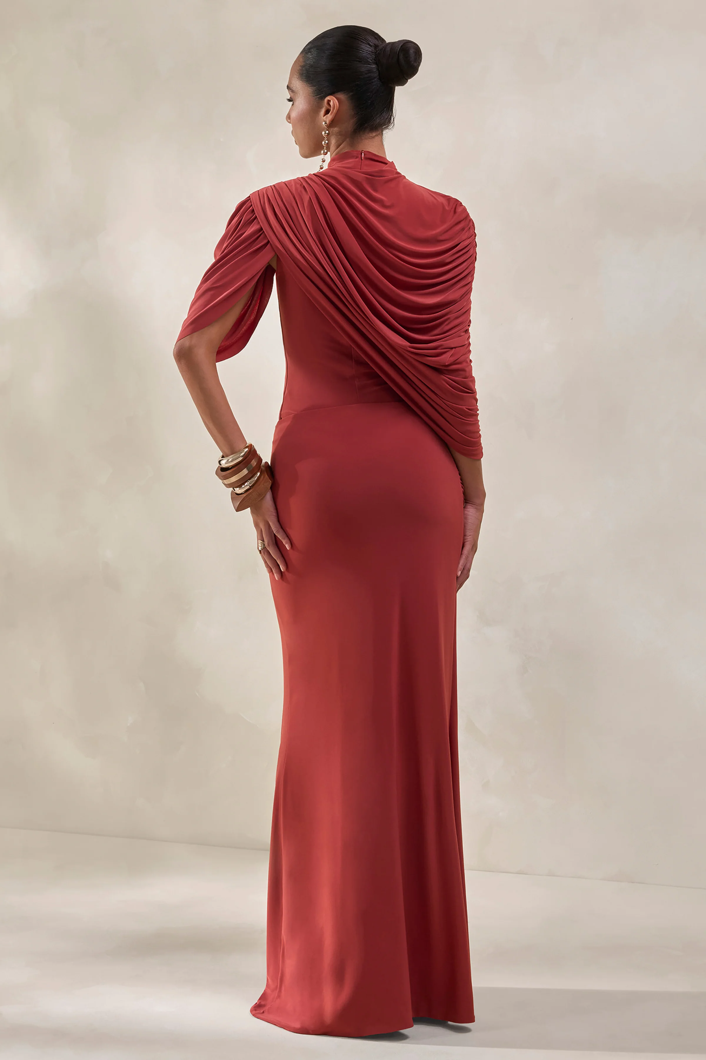 Fenicia | Rust High-Neck Thong Bodysuit With Cape Detail - Image 3