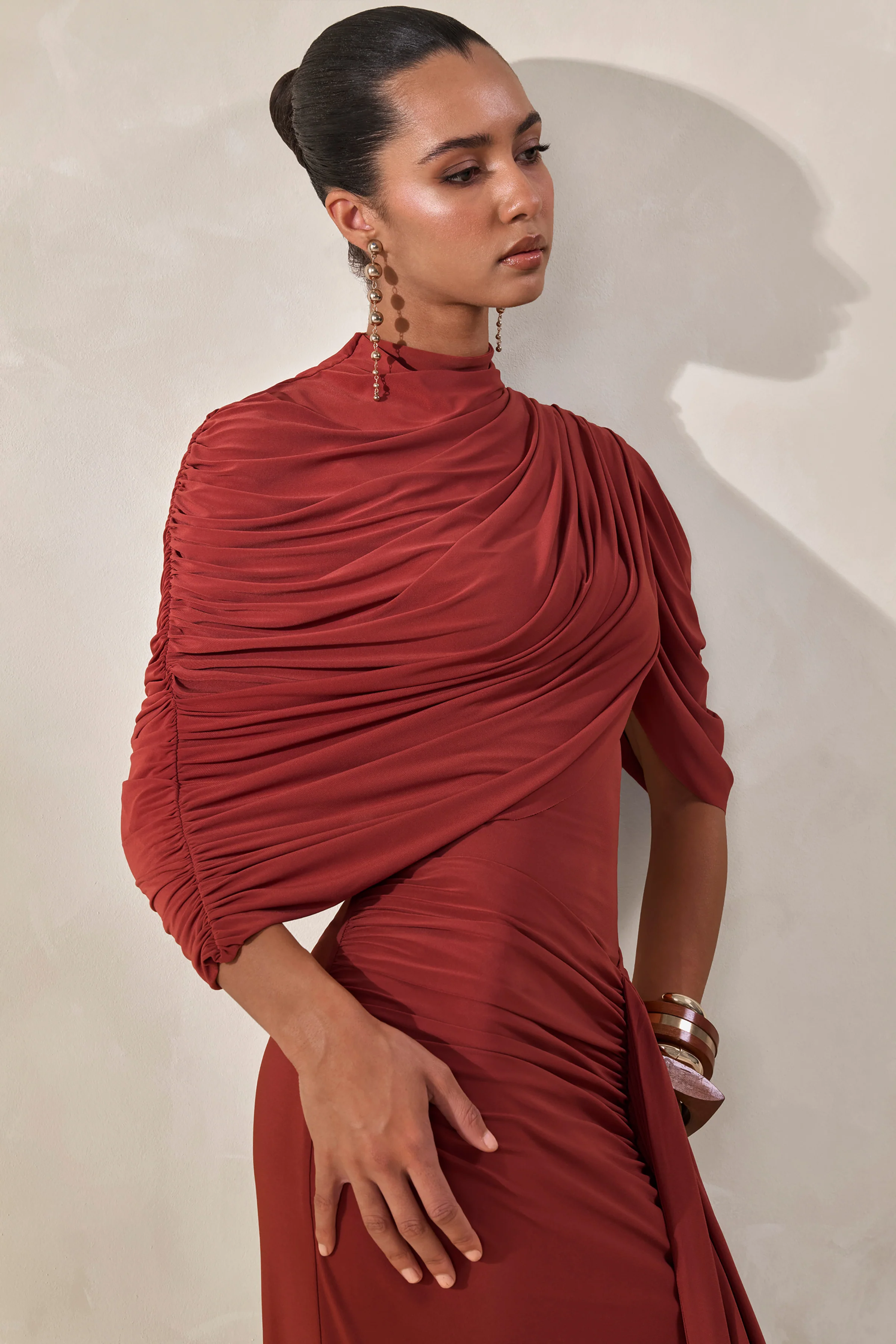 Fenicia | Rust High-Neck Thong Bodysuit With Cape Detail - Image 5