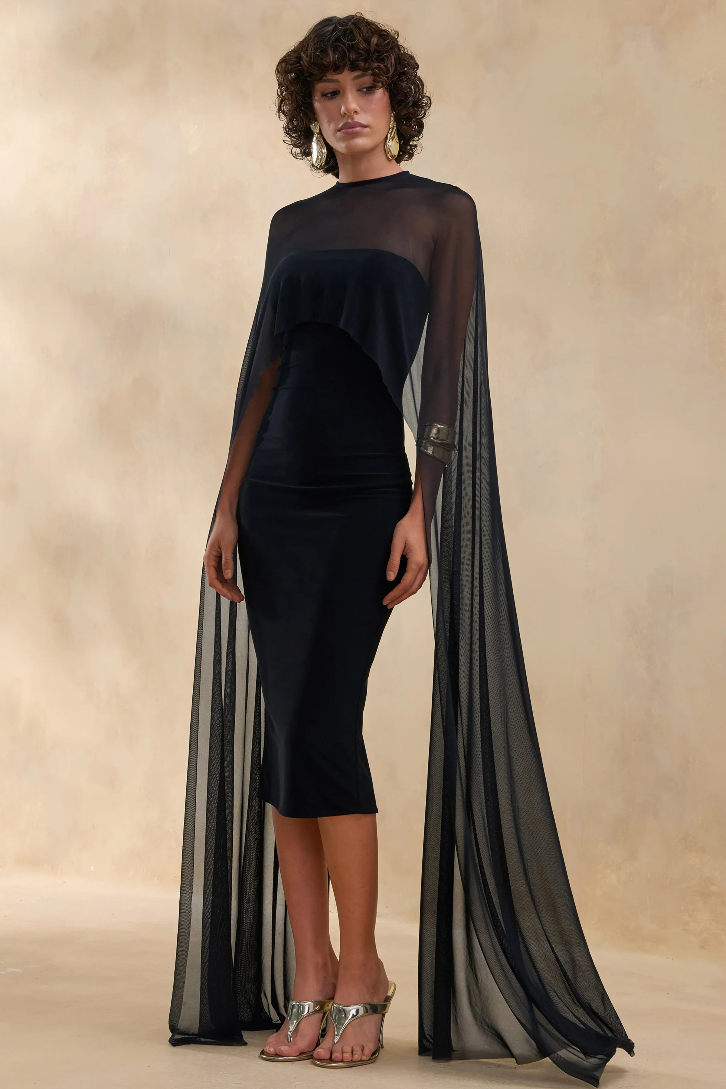 Filippa | Black Crew-Neck Midi Dress With Sheer Cape-Sleeves
